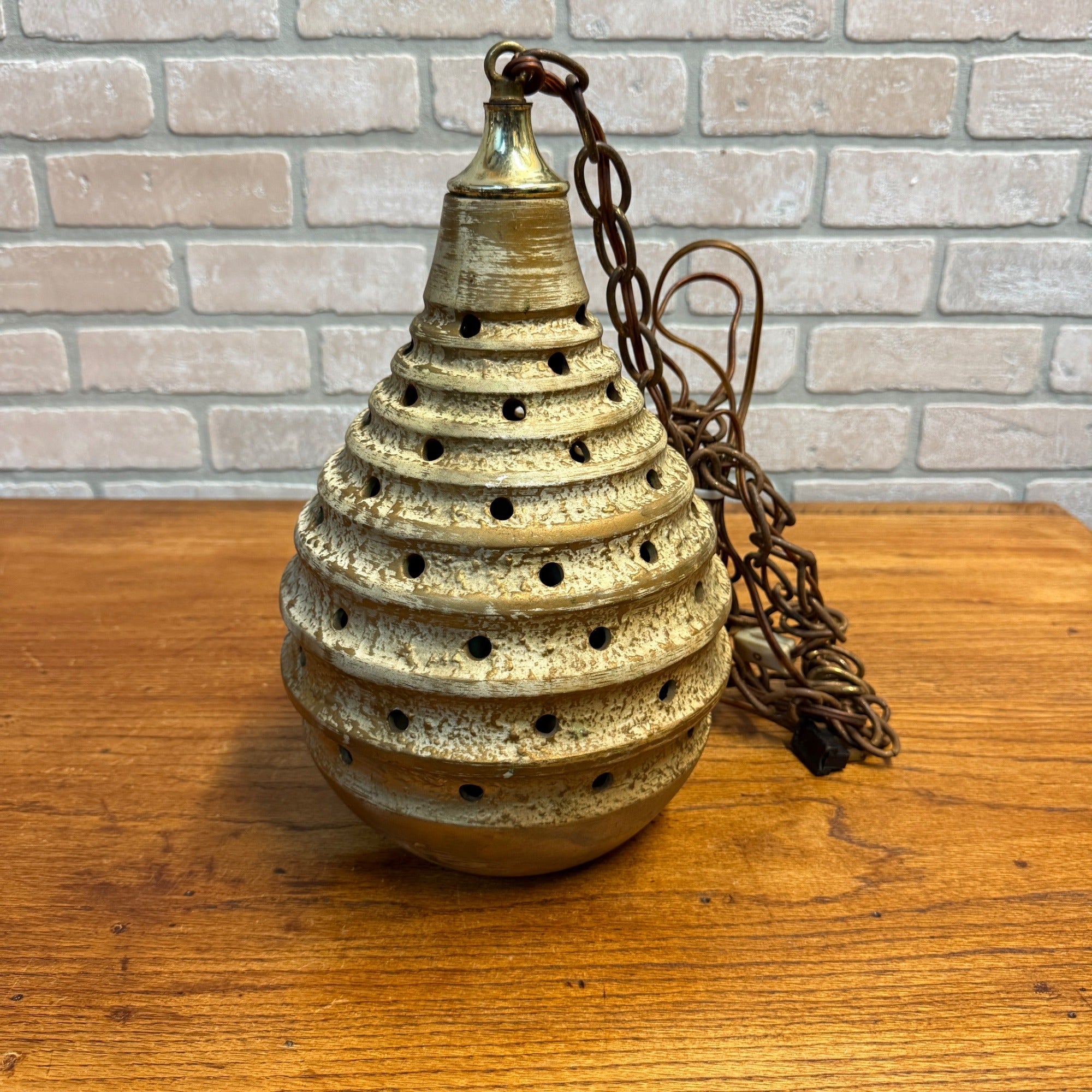 Mid Century Modern Pottery Ceramic Beehive Style Hanging Lamp Gold White