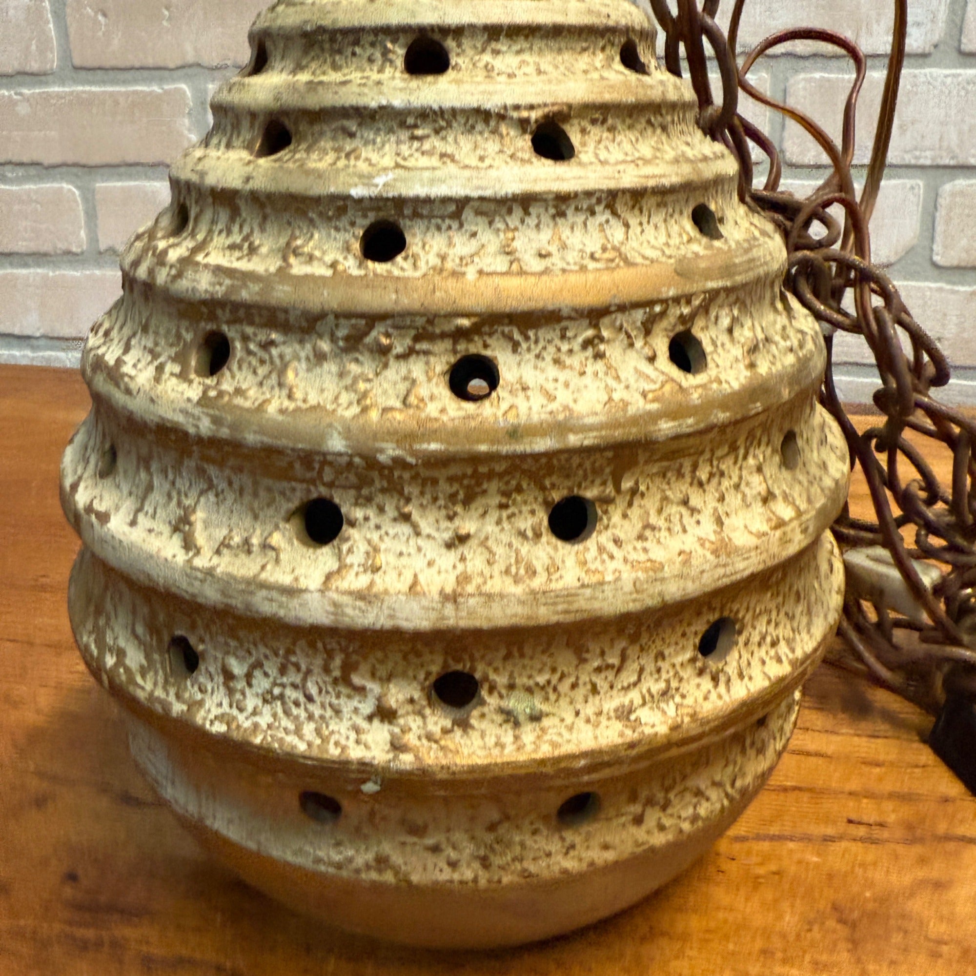 Mid Century Modern Pottery Ceramic Beehive Style Hanging Lamp Gold White