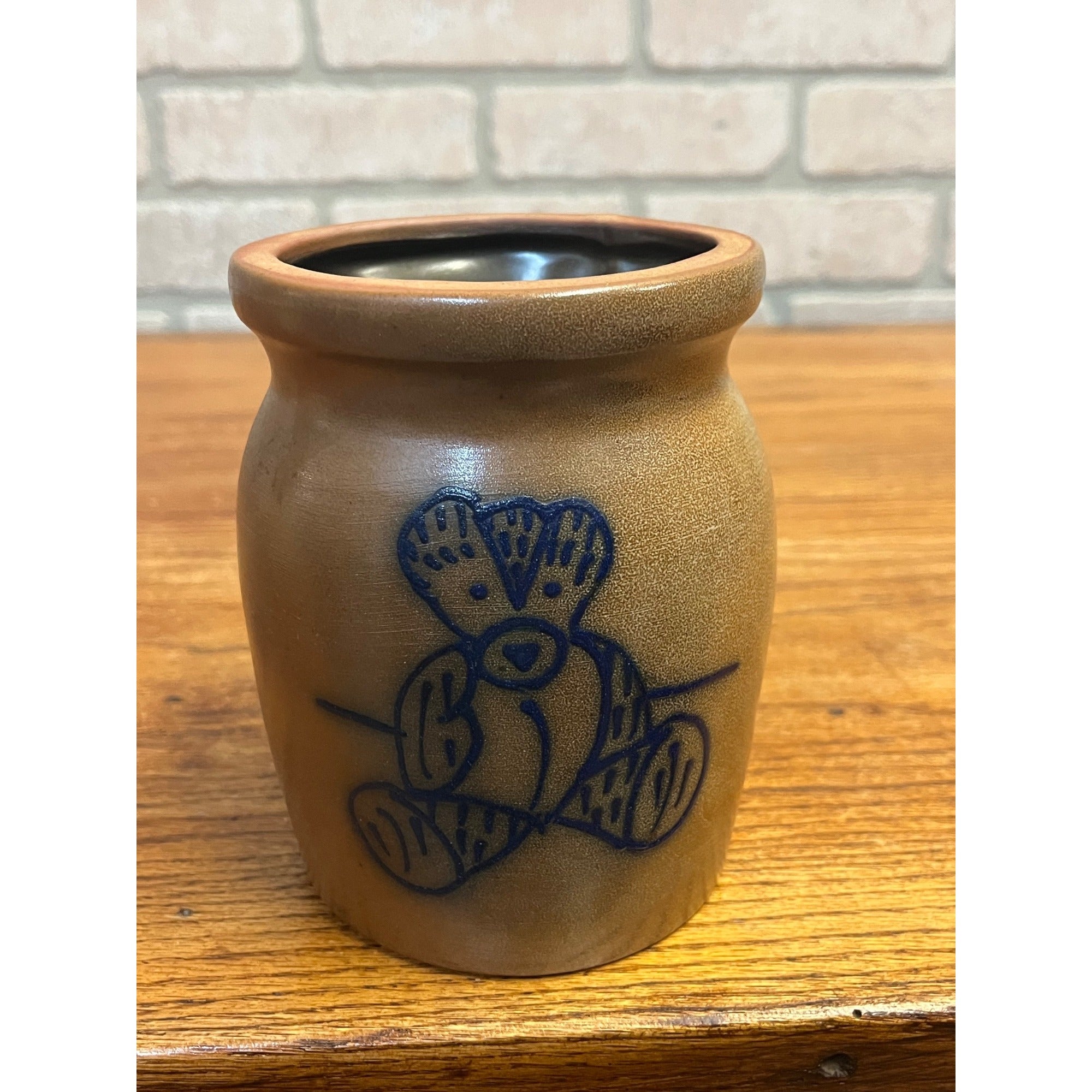 Vintage Beaumont Brothers Pottery Glazed Stoneware Utensil Crock Blue Teddy Bear