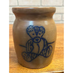Vintage Beaumont Brothers Pottery Glazed Stoneware Utensil Crock Blue Teddy Bear
