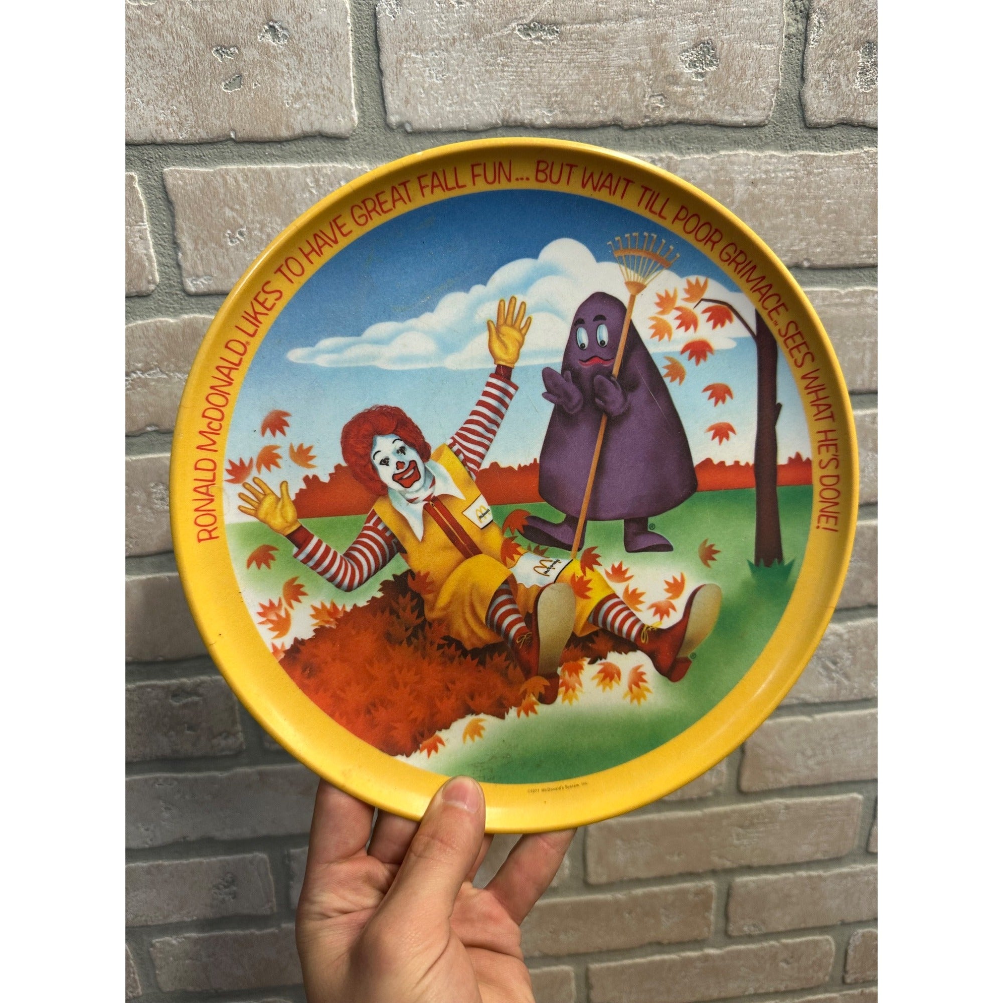 Vintage McDonalds Plate 1977 Ronald McDonald and Grimace Melemine Kids Fall