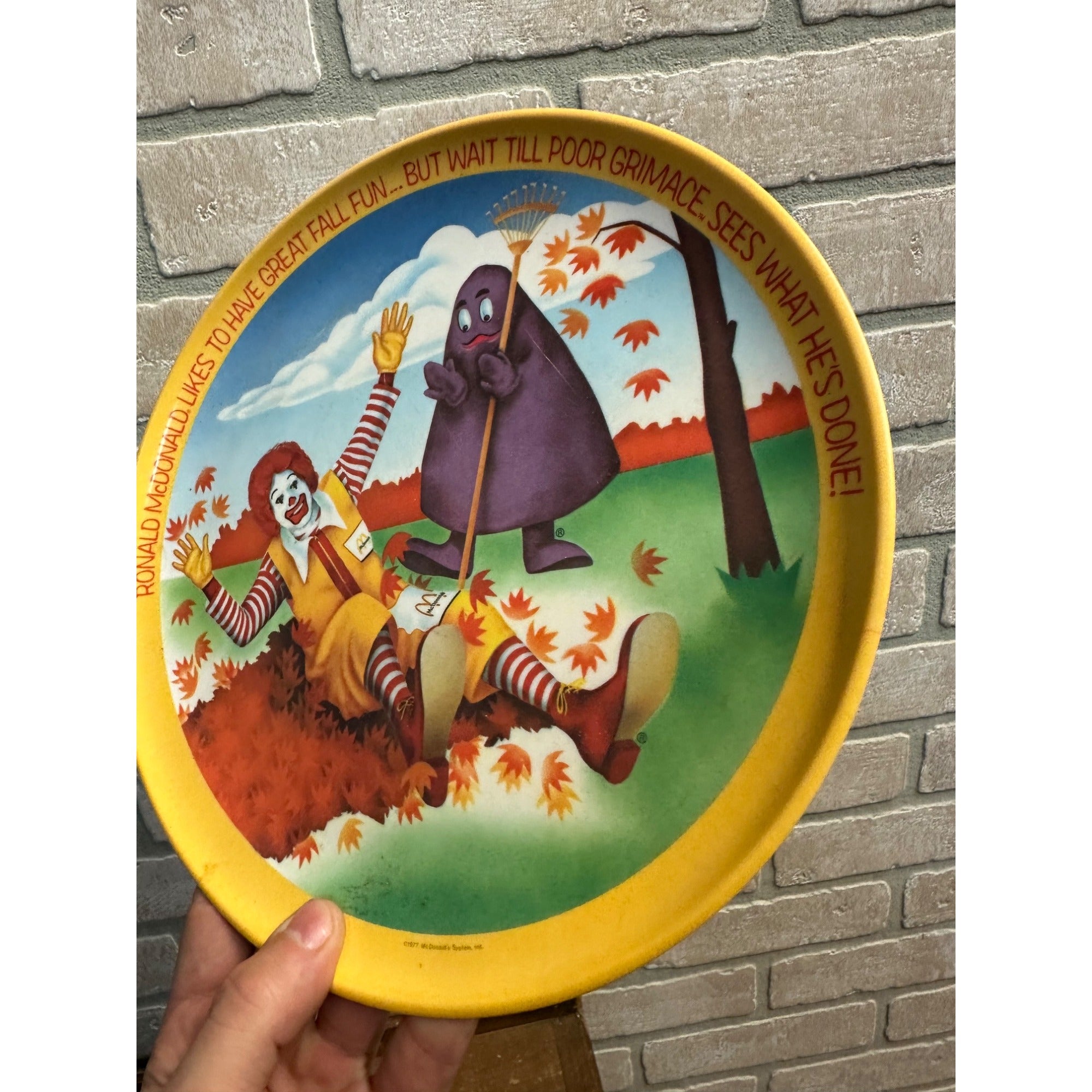 Vintage McDonalds Plate 1977 Ronald McDonald and Grimace Melemine Kids Fall