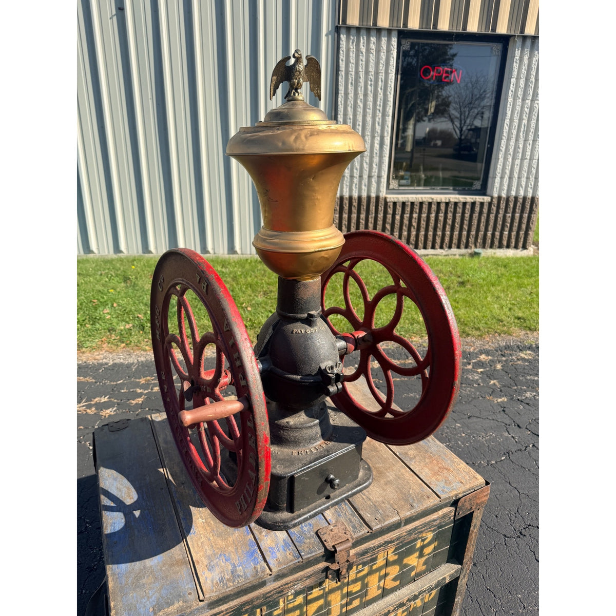 Antique Large Enterprise Cast Iron Double Wheel Coffee Grinder Mill w/ Eagle Topper