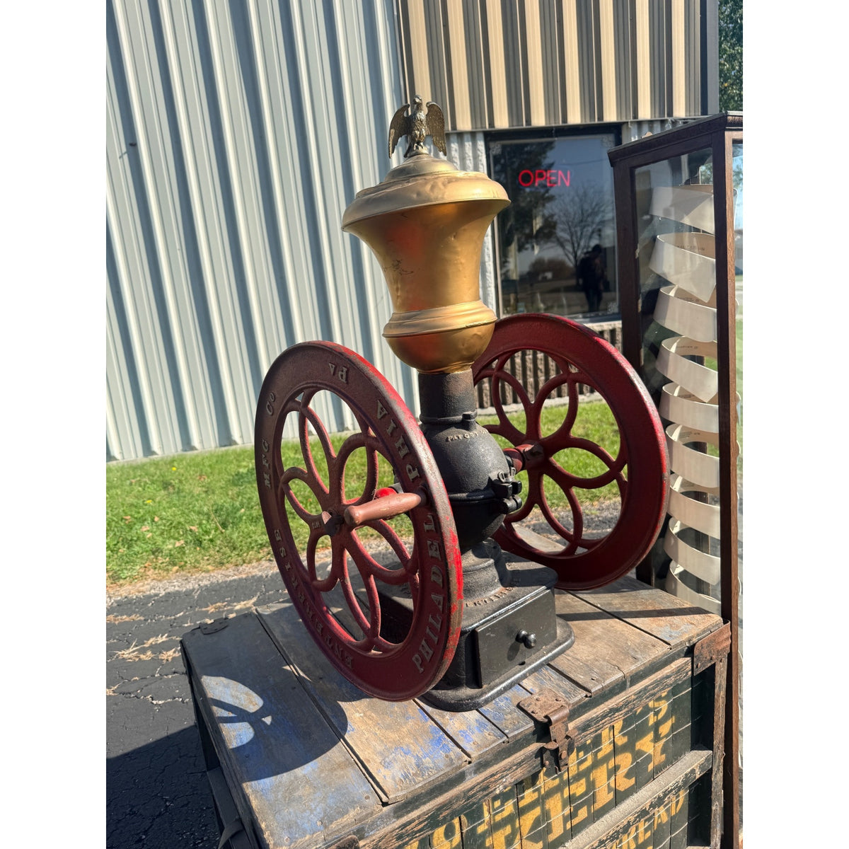 Antique Large Enterprise Cast Iron Double Wheel Coffee Grinder Mill w/ Eagle Topper