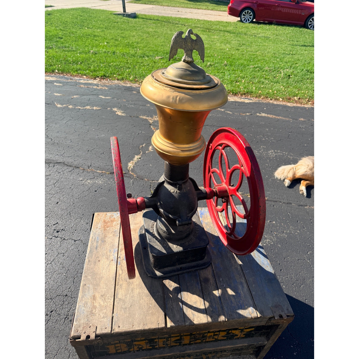 Antique Large Enterprise Cast Iron Double Wheel Coffee Grinder Mill w/ Eagle Topper