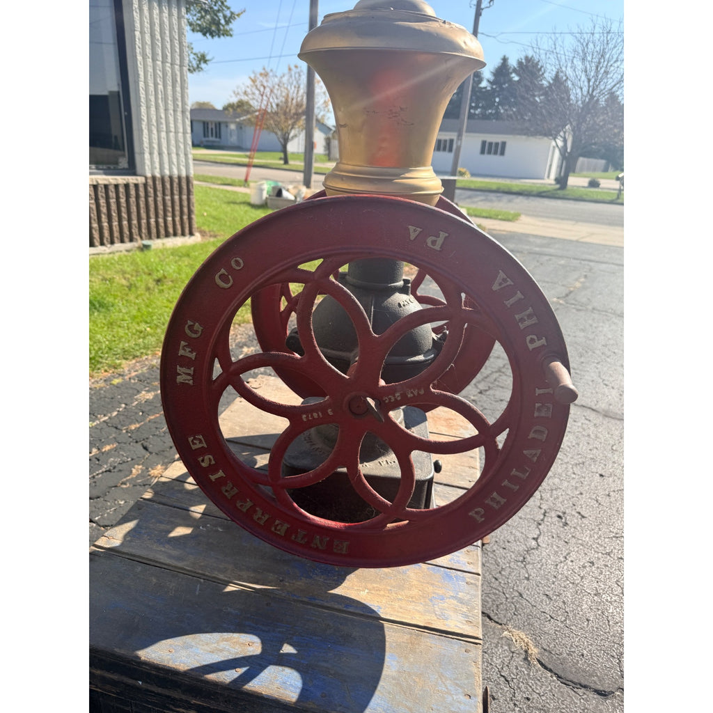 Antique Large Enterprise Cast Iron Double Wheel Coffee Grinder Mill w/ Eagle Topper