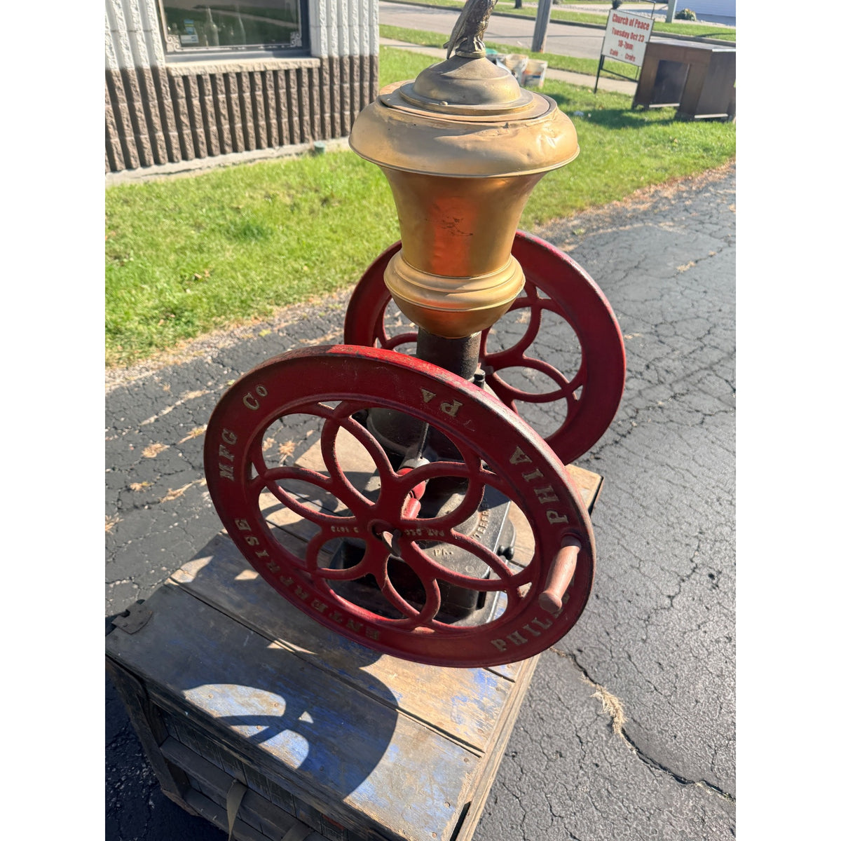 Antique Large Enterprise Cast Iron Double Wheel Coffee Grinder Mill w/ Eagle Topper
