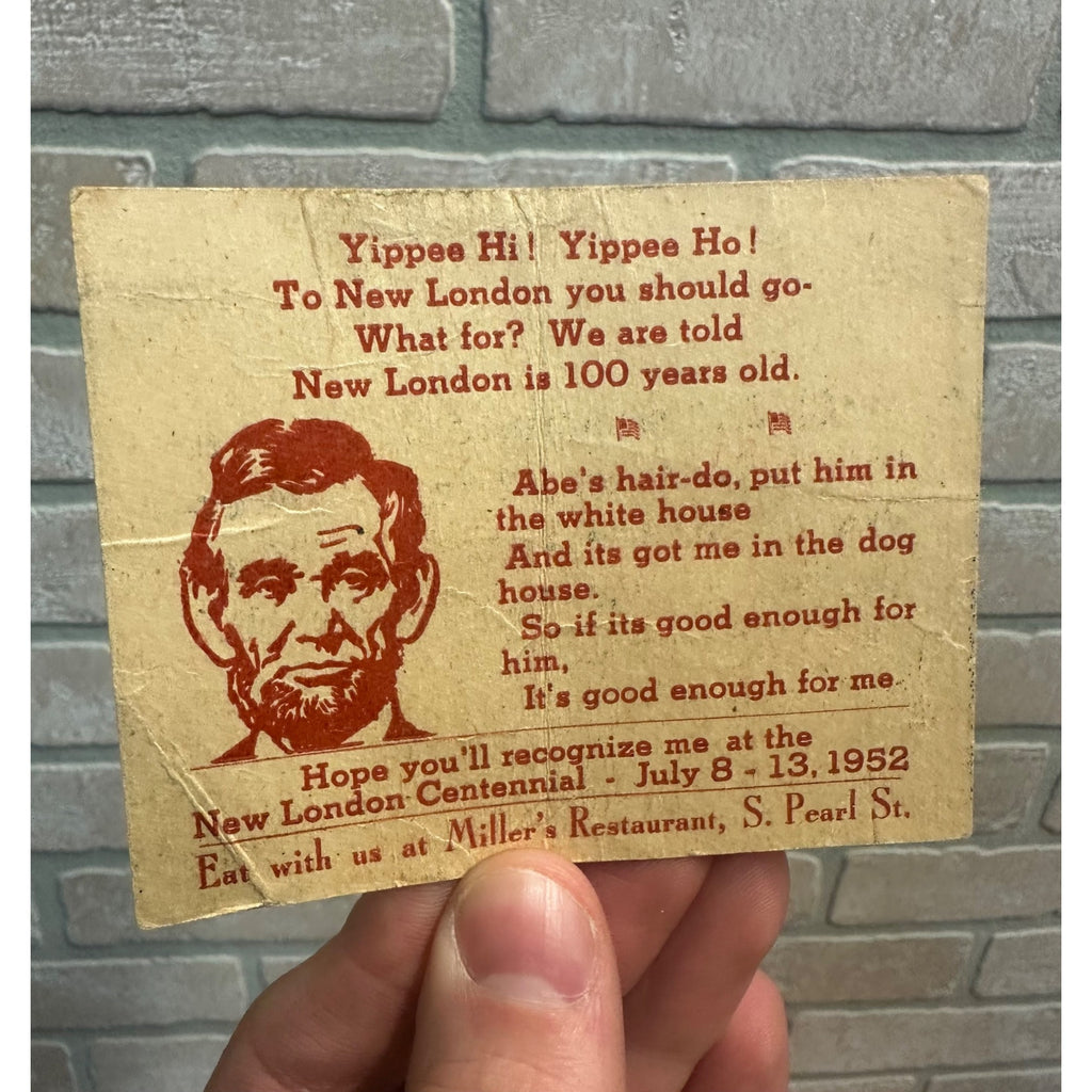 Vintage 1952 New London Wisconsin Centennial Card Miller's Restaurant Abe Lincoln