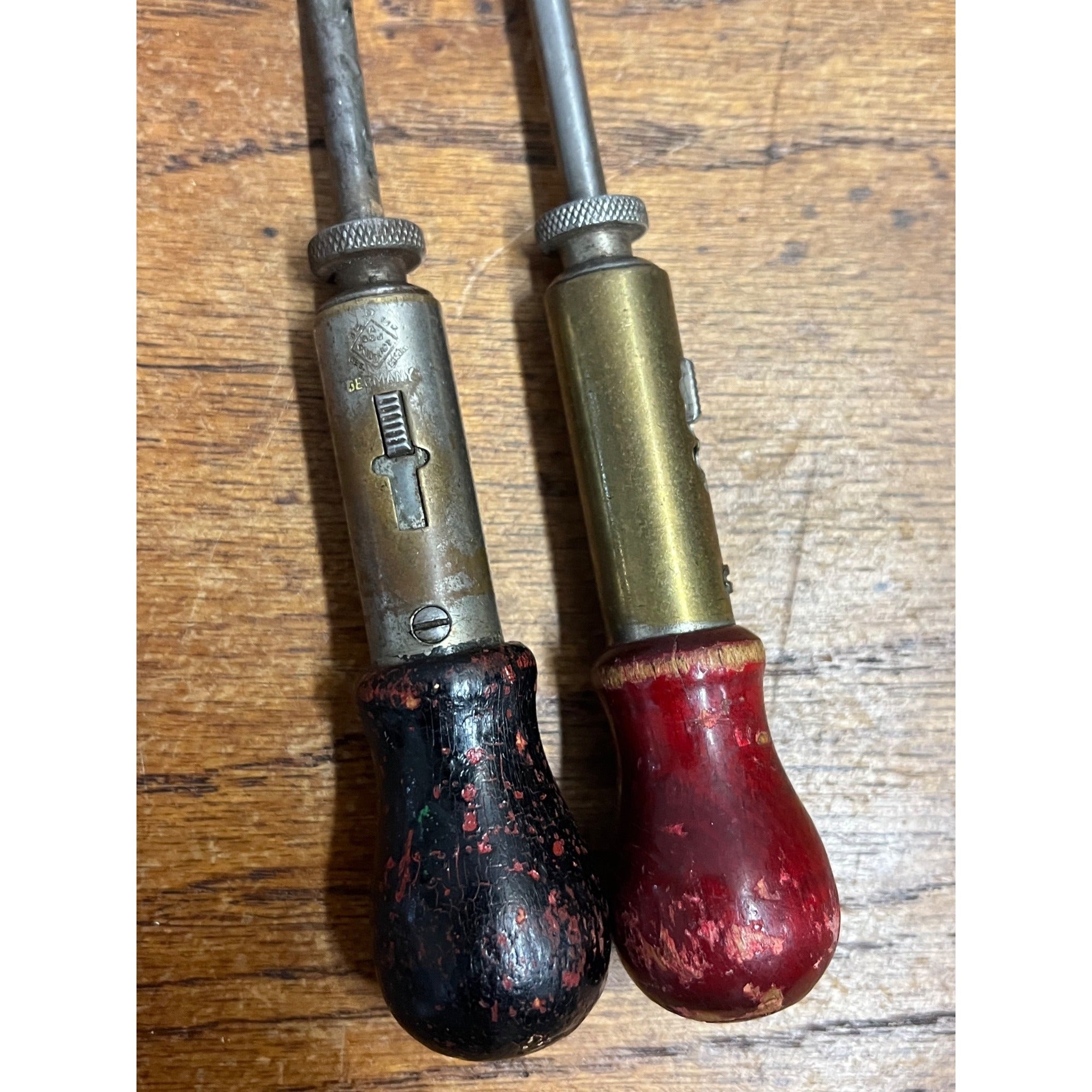 Vintage German Wood Handle Ratcheting Screwdrivers Lot (2) Antique Tools