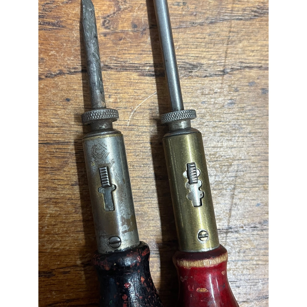 Vintage German Wood Handle Ratcheting Screwdrivers Lot (2) Antique Tools