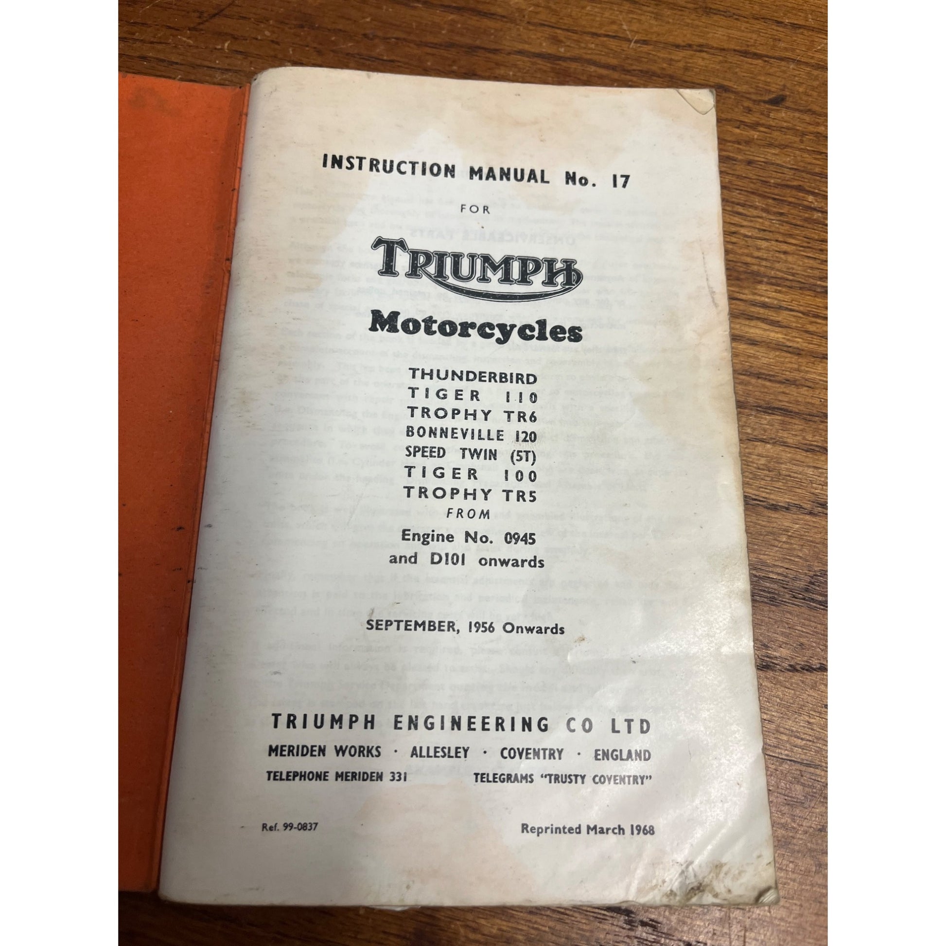 Original Triumph Motorcycle Instruction Manual No. 17 March 1968 Edition