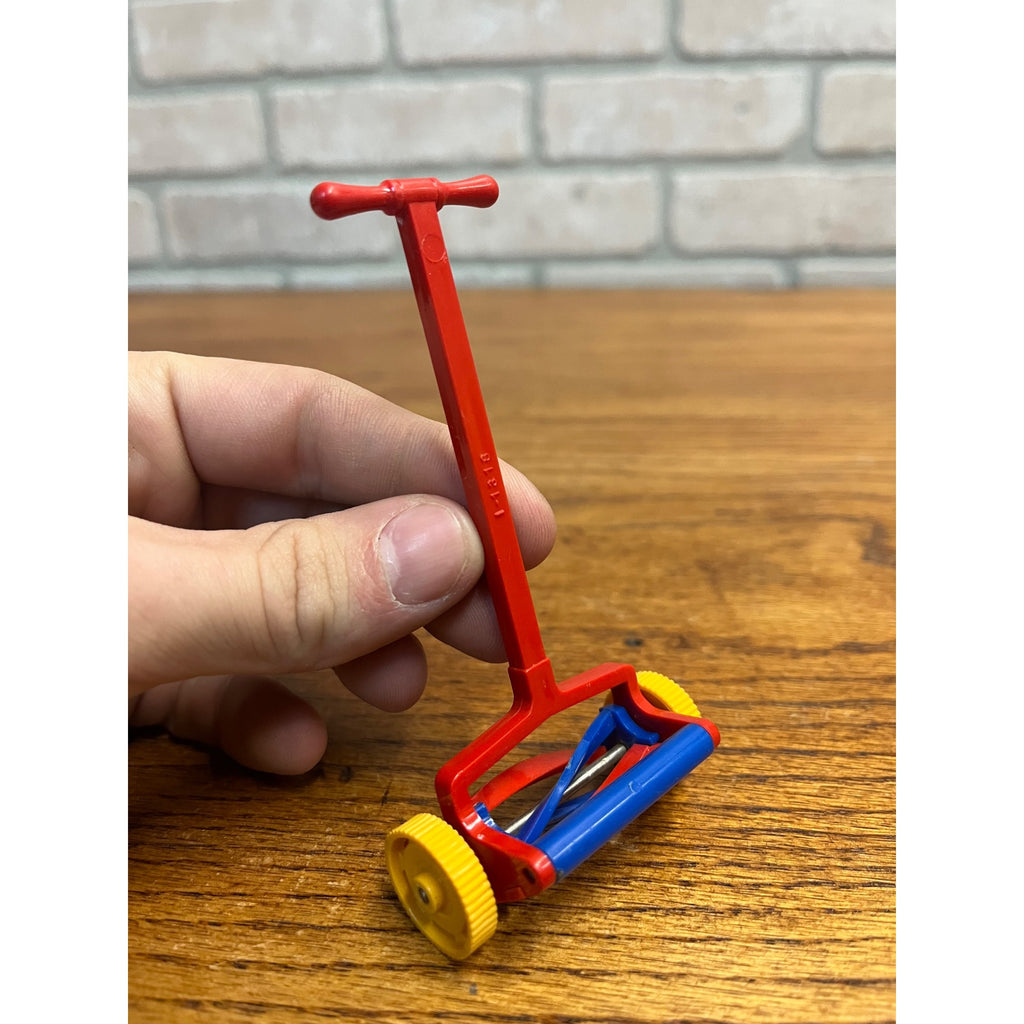 Vintage Ideal Dollhouse Plastic Push Lawn Mower Red Yellow + Blue