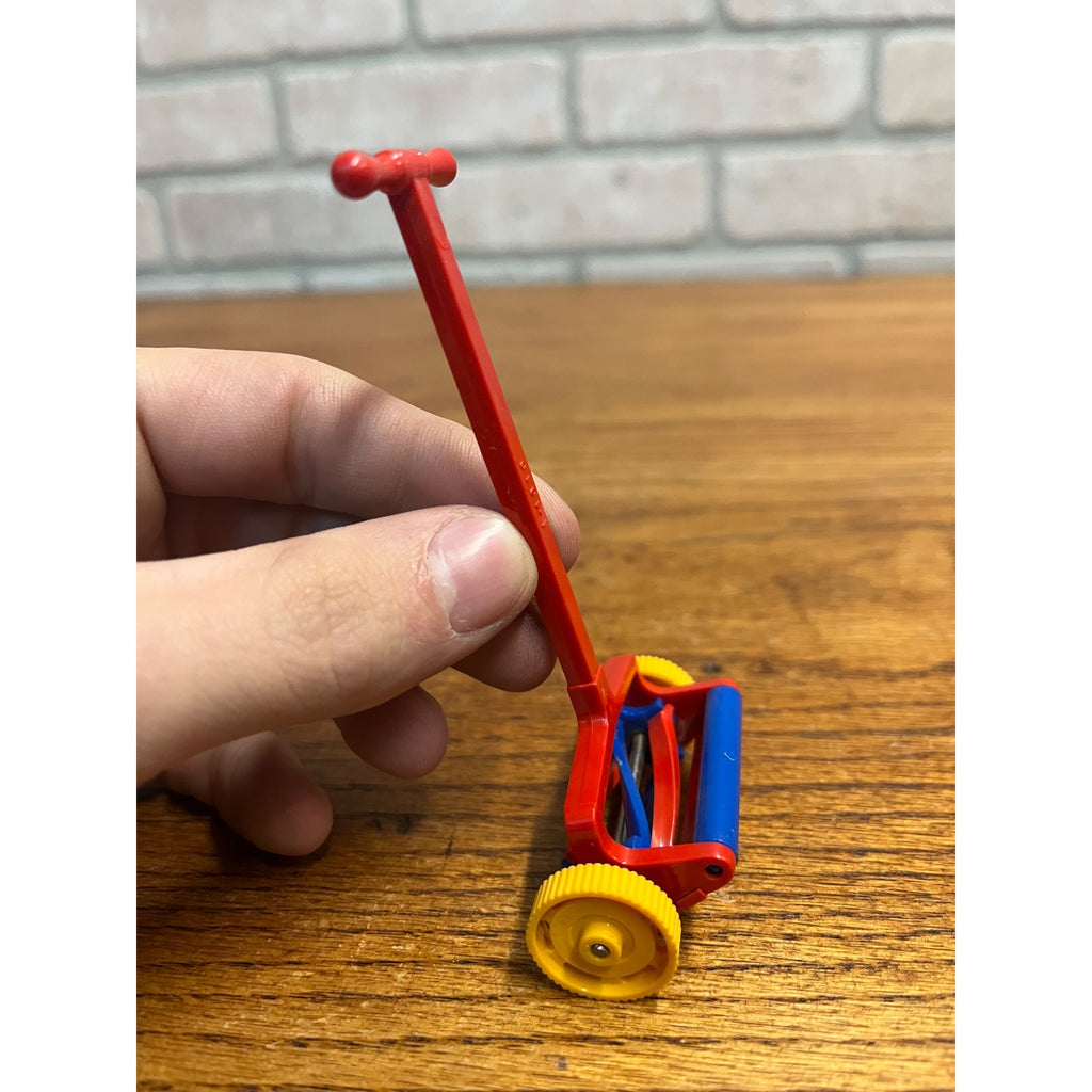Vintage Ideal Dollhouse Plastic Push Lawn Mower Red Yellow + Blue