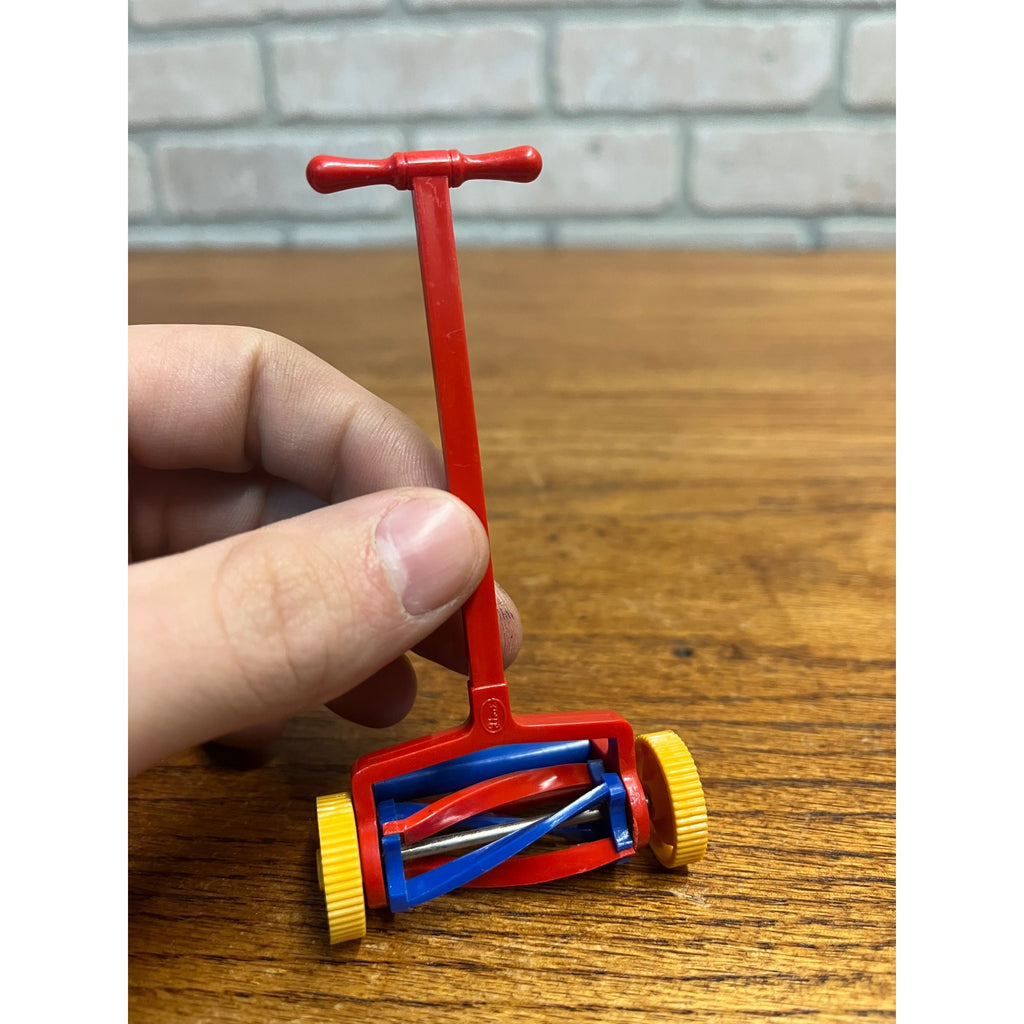 Vintage Ideal Dollhouse Plastic Push Lawn Mower Red Yellow + Blue