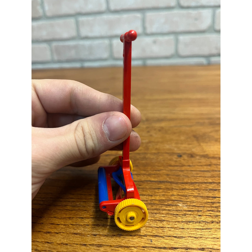 Vintage Ideal Dollhouse Plastic Push Lawn Mower Red Yellow + Blue