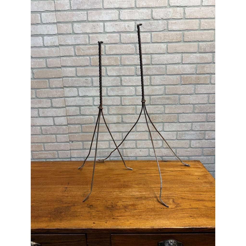 Pair Antique Lightning Rod Tripod Stands Twisted Wrought Iron Barn Roof Finials