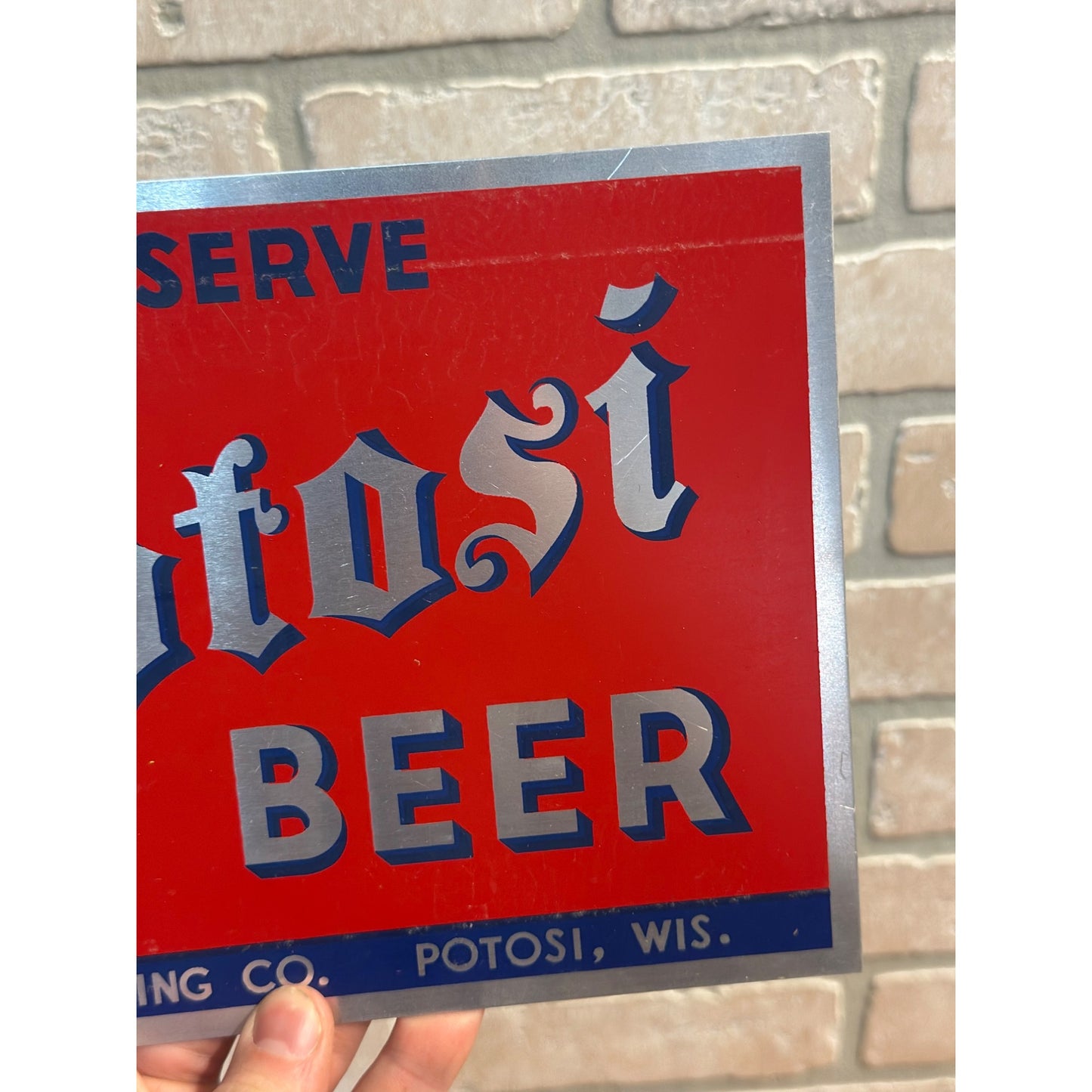 Vintage 1940s We Serve Potosi Beer Aluminum Advertising Sign Wisconsin WI Wis