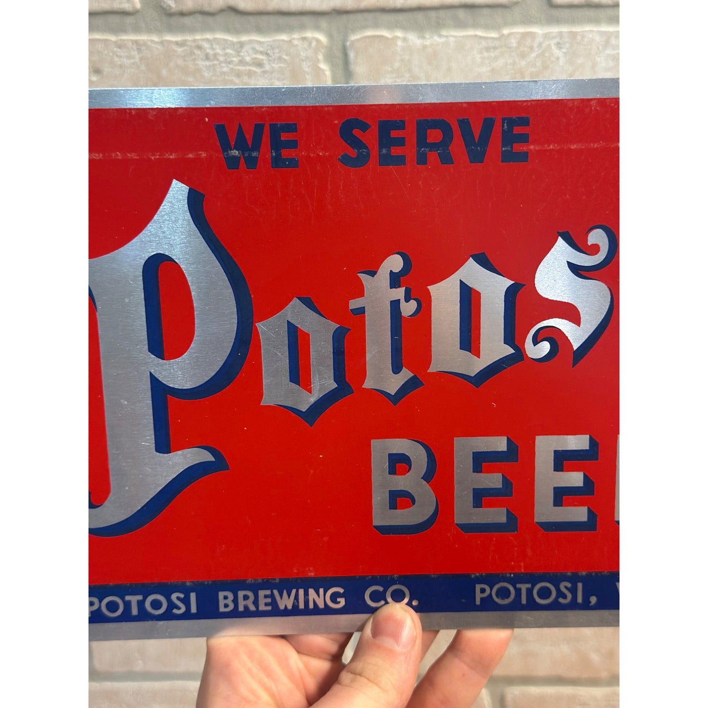 Vintage 1940s We Serve Potosi Beer Aluminum Advertising Sign Wisconsin WI Wis