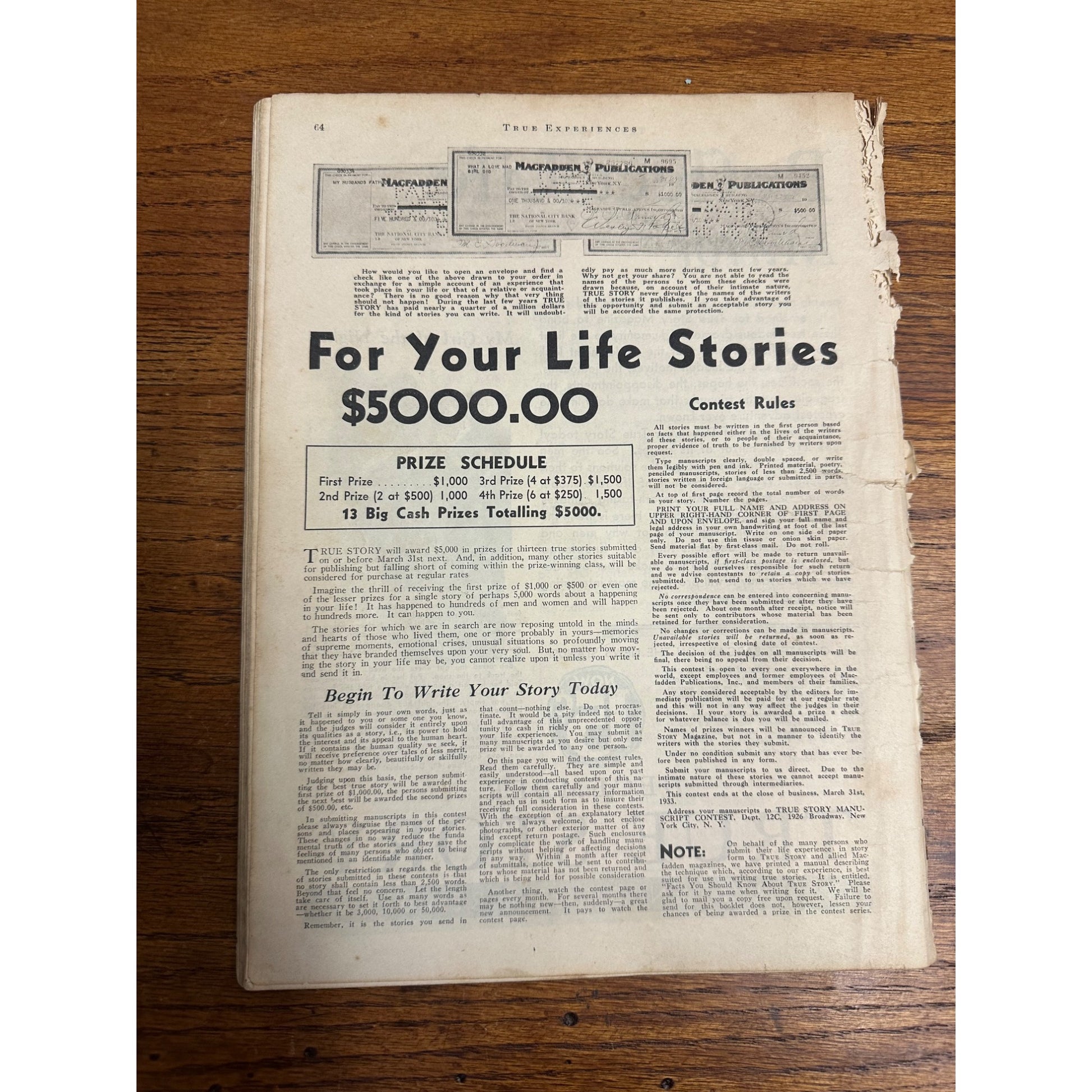 Vintage True Experiences Life & Love Stories Pulp Magazine January 1933