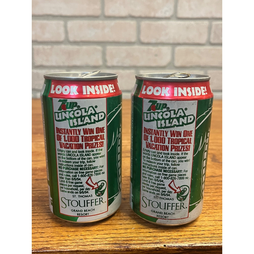 Vintage 1994 7UP Uncola Island Sweepstakes Promo Soda Cans (2) Empty Retro