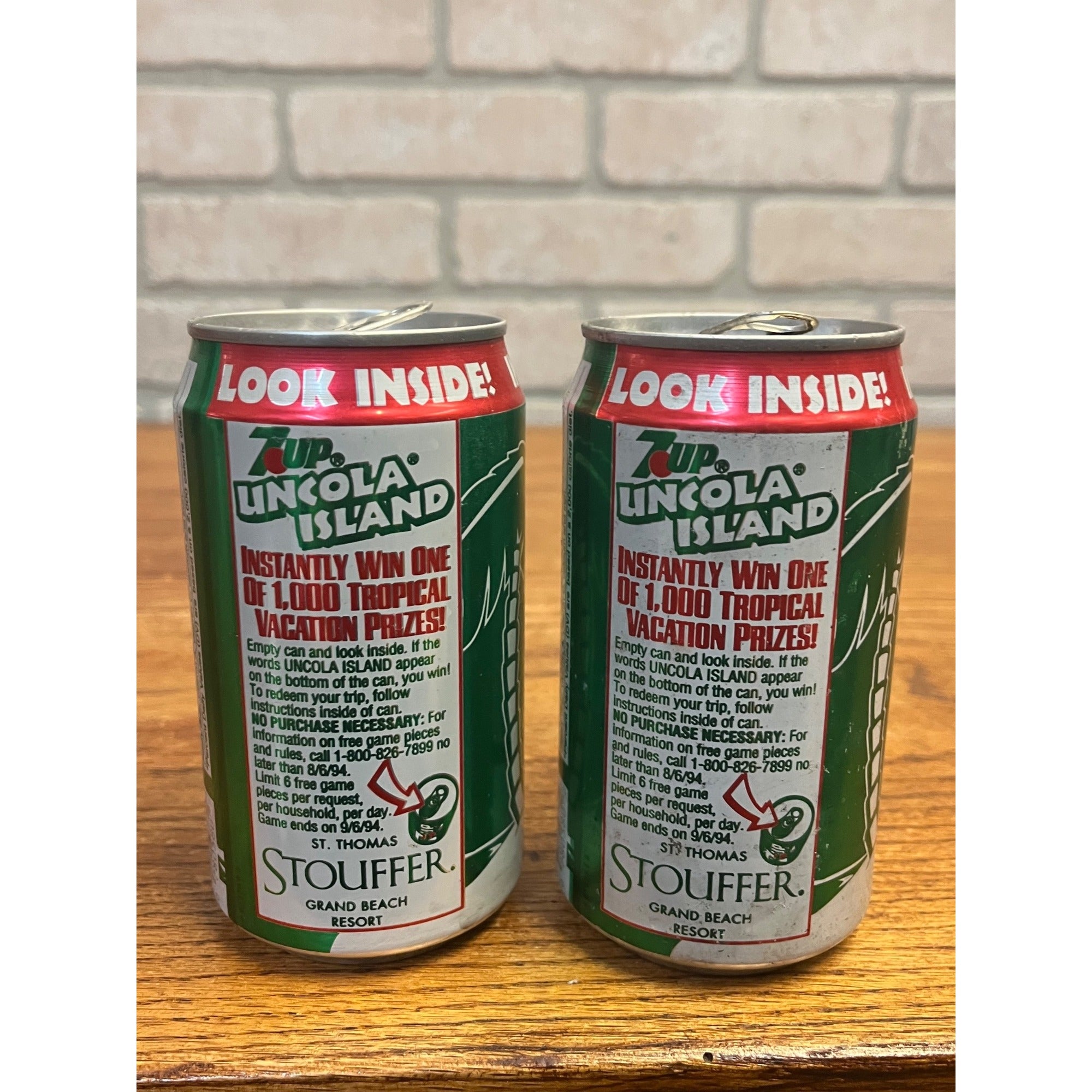 Vintage 1994 7UP Uncola Island Sweepstakes Promo Soda Cans (2) Empty Retro