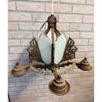 Antique 1930s Art Deco Skyscraper Polychrome 5 Slip Shade Chandelier Geometric