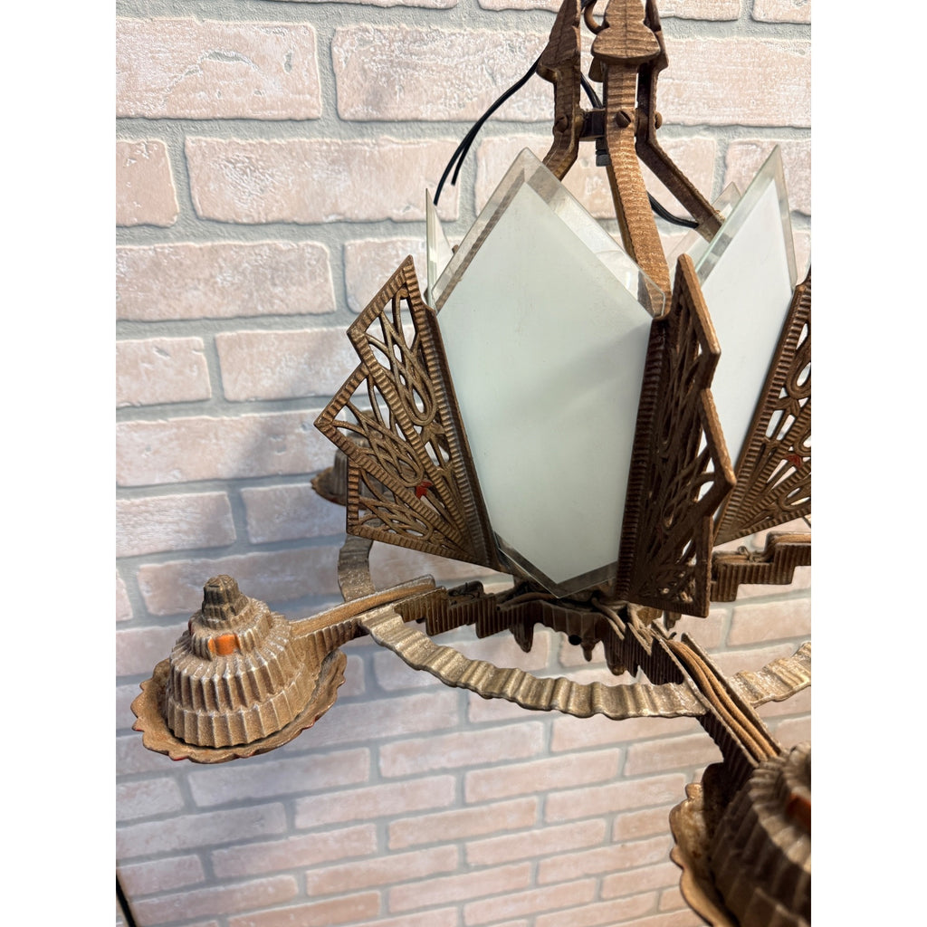 Antique 1930s Art Deco Skyscraper Polychrome 5 Slip Shade Chandelier Geometric