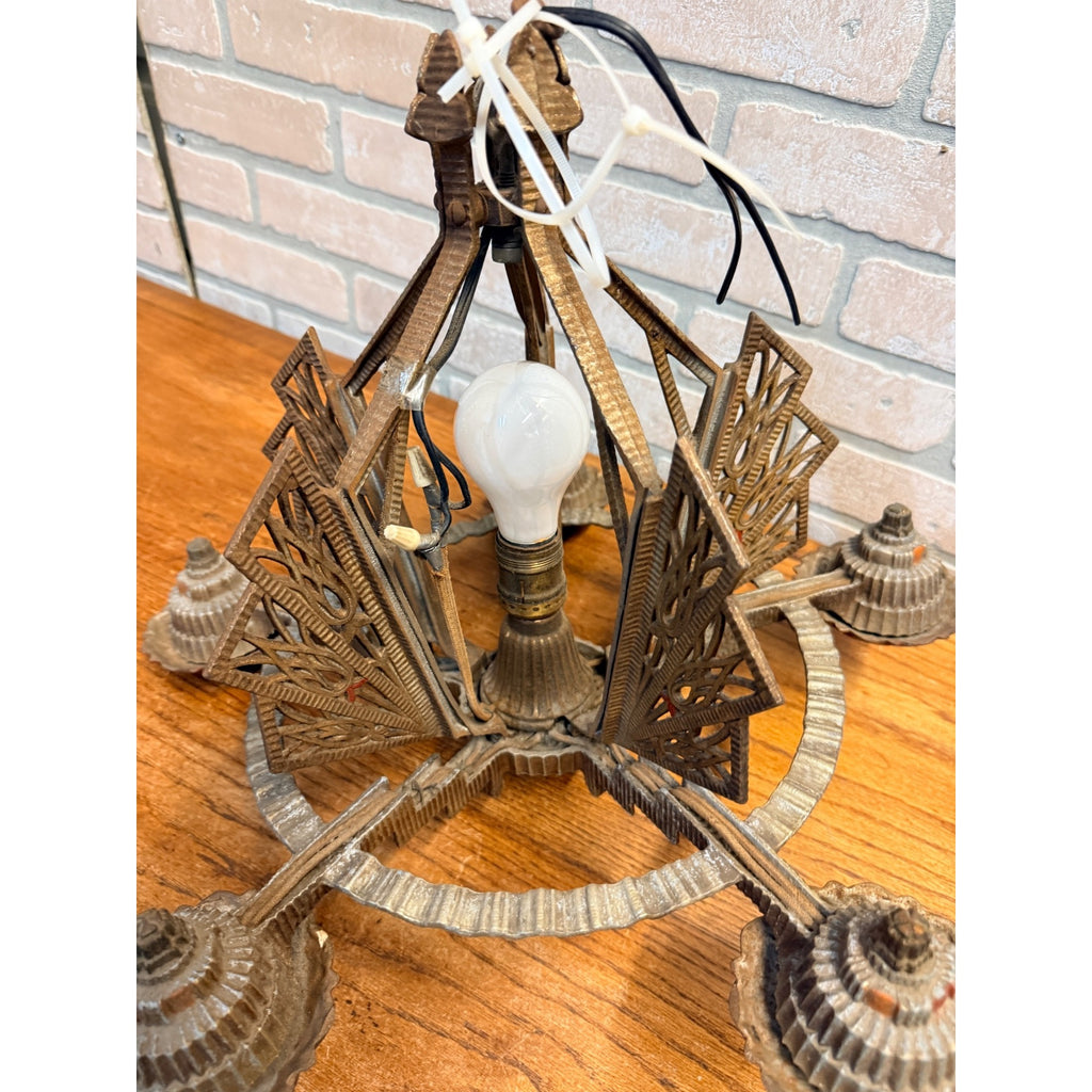 Antique 1930s Art Deco Skyscraper Polychrome 5 Slip Shade Chandelier Geometric