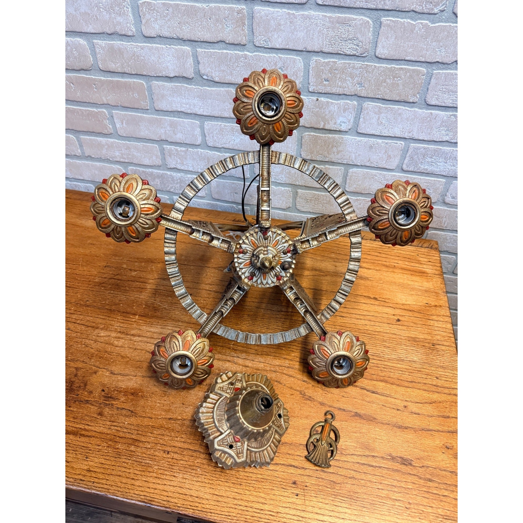 Antique 1930s Art Deco Skyscraper Polychrome 5 Slip Shade Chandelier Geometric