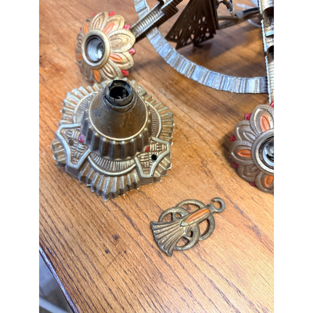 Antique 1930s Art Deco Skyscraper Polychrome 5 Slip Shade Chandelier Geometric