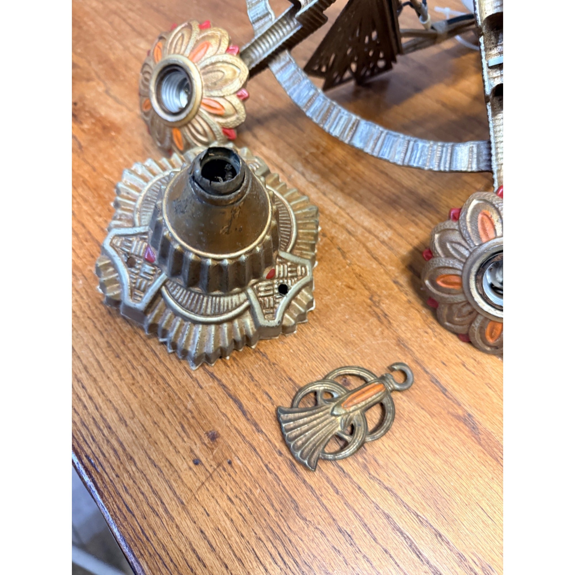 Antique 1930s Art Deco Skyscraper Polychrome 5 Slip Shade Chandelier Geometric
