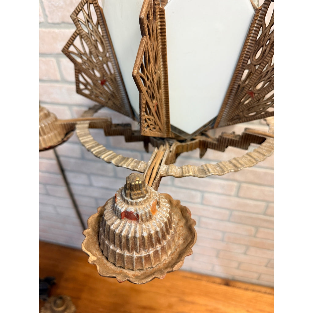Antique 1930s Art Deco Skyscraper Polychrome 5 Slip Shade Chandelier Geometric