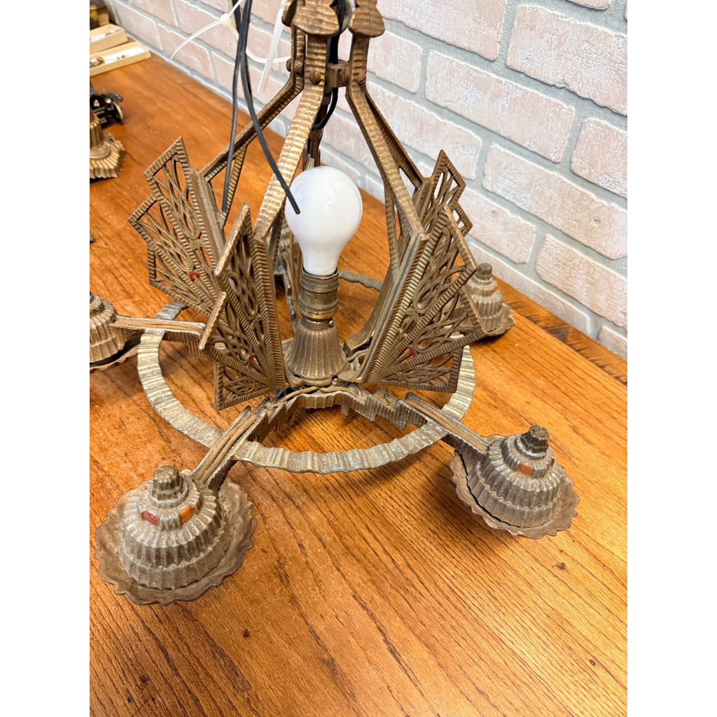 Antique 1930s Art Deco Skyscraper Polychrome 5 Slip Shade Chandelier Geometric
