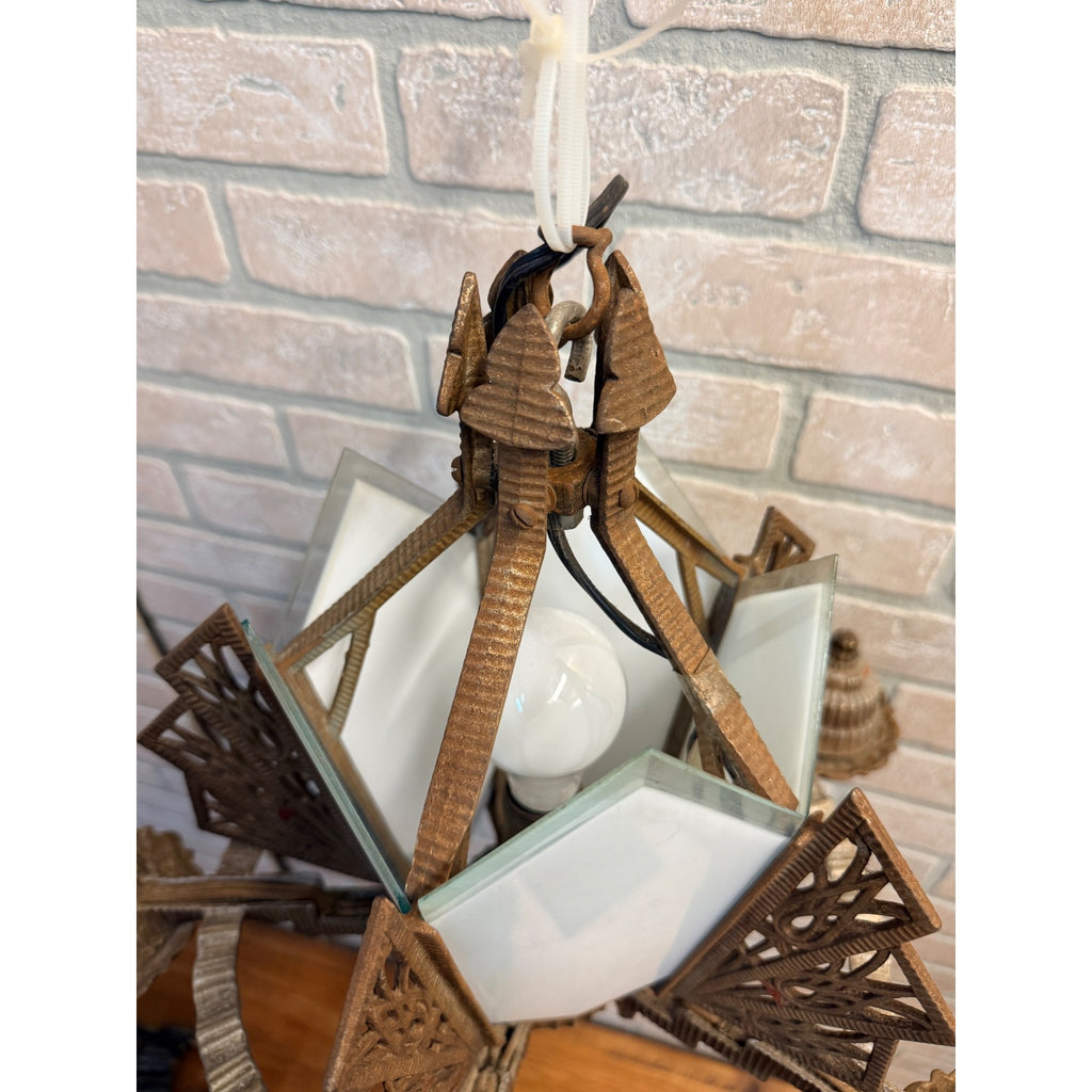 Antique 1930s Art Deco Skyscraper Polychrome 5 Slip Shade Chandelier Geometric