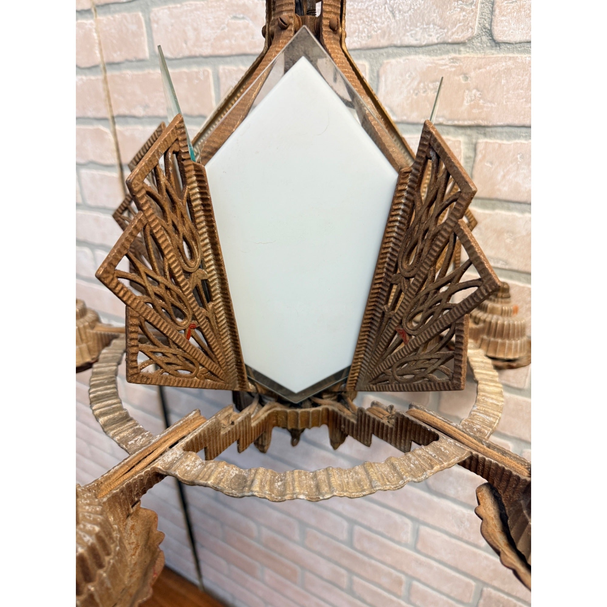 Antique 1930s Art Deco Skyscraper Polychrome 5 Slip Shade Chandelier Geometric