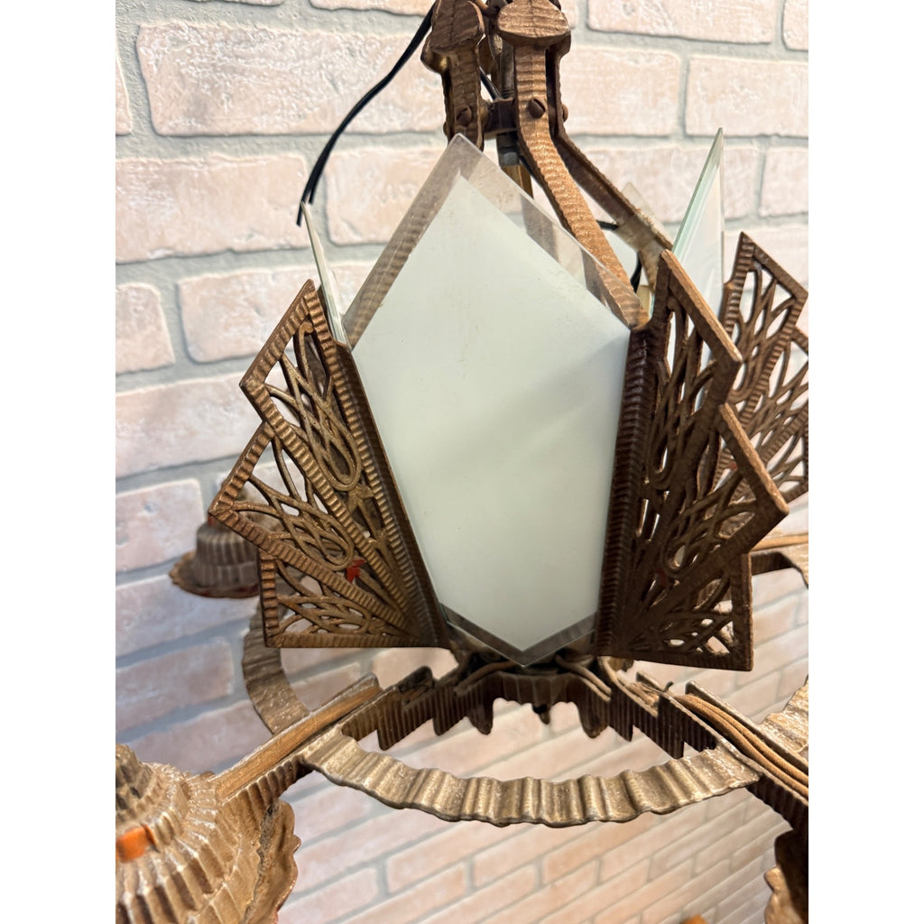 Antique 1930s Art Deco Skyscraper Polychrome 5 Slip Shade Chandelier Geometric