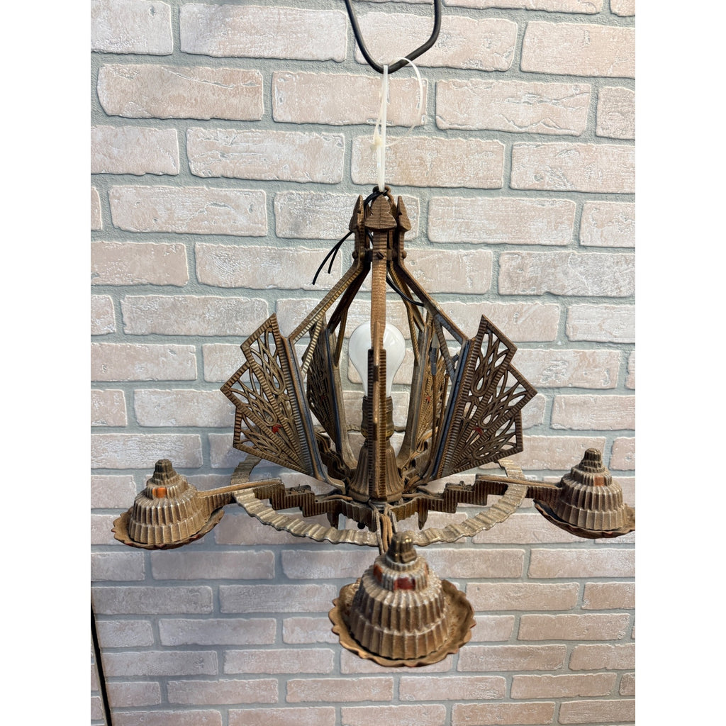 Antique 1930s Art Deco Skyscraper Polychrome 5 Slip Shade Chandelier Geometric