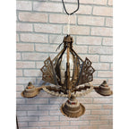 Antique 1930s Art Deco Skyscraper Polychrome 5 Slip Shade Chandelier Geometric