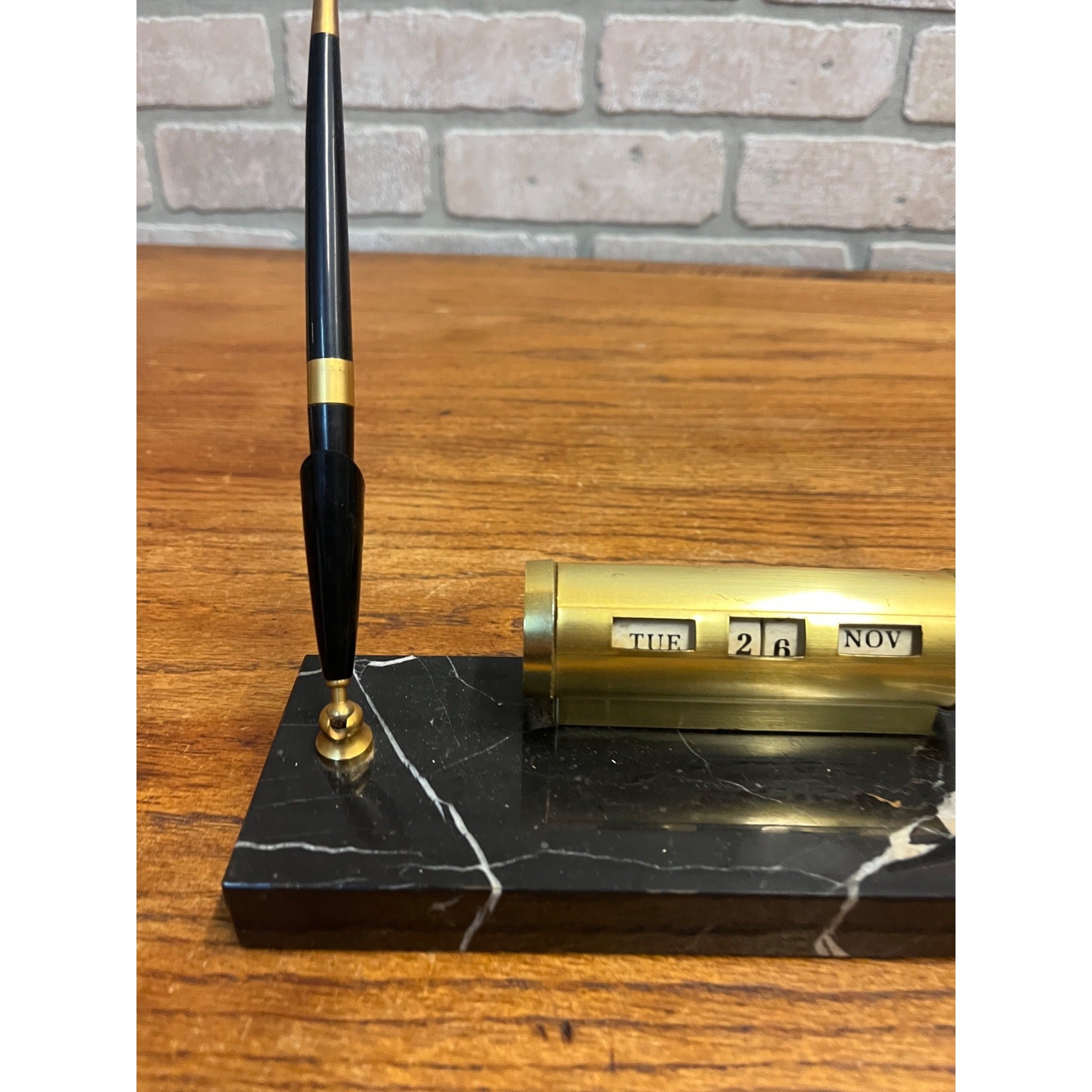Antique Vintage Perpetual Calendar on Marble Base Desk Decor Pen Holder