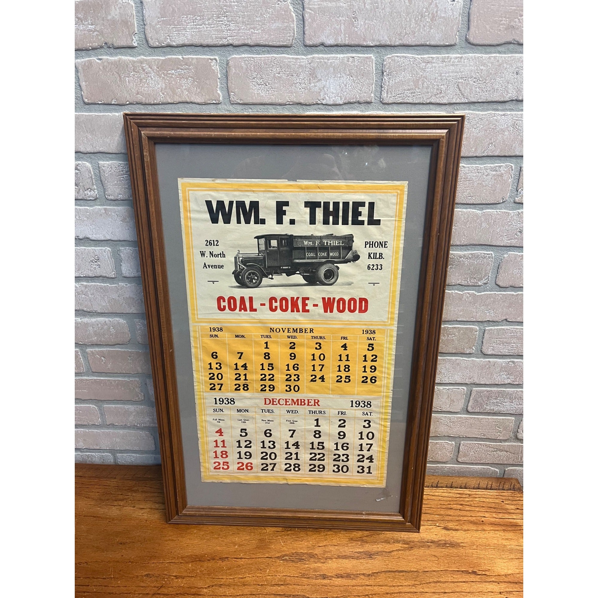 Vintage 1938 Wm. Thiel Coal Wood Advertising Calendar Sign Litho Milwaukee WI