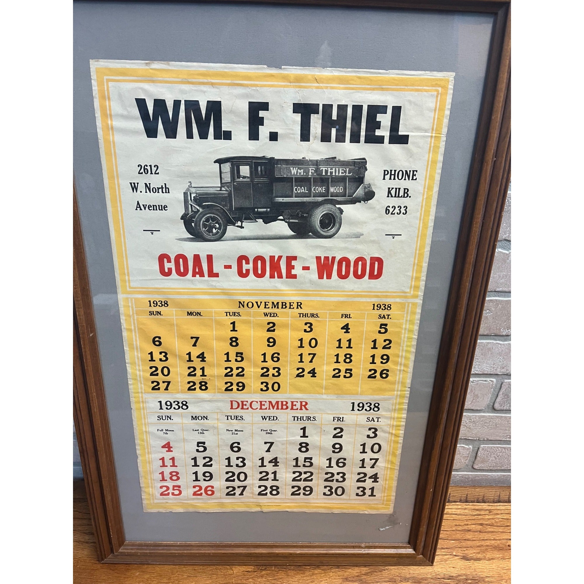Vintage 1938 Wm. Thiel Coal Wood Advertising Calendar Sign Litho Milwaukee WI