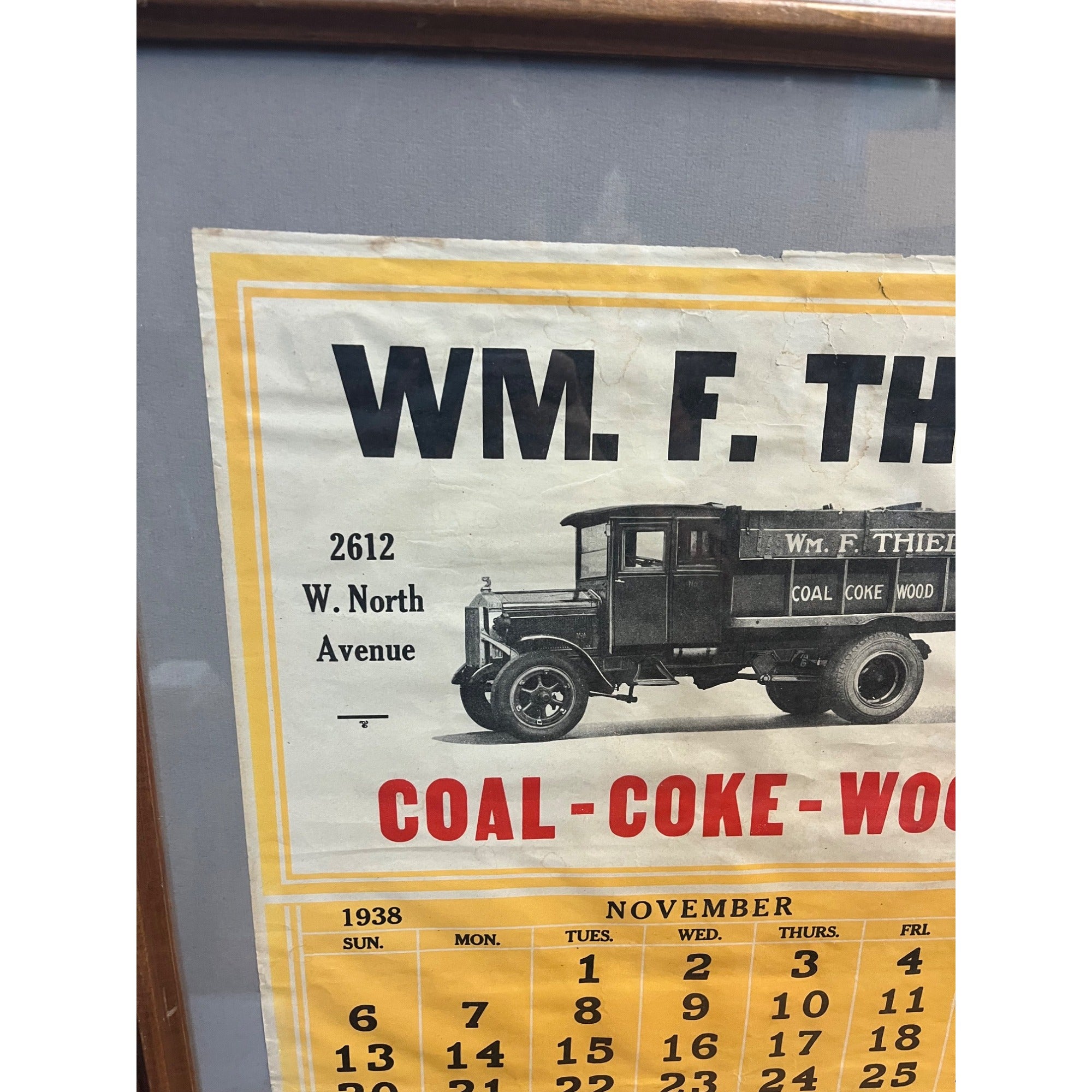 Vintage 1938 Wm. Thiel Coal Wood Advertising Calendar Sign Litho Milwaukee WI