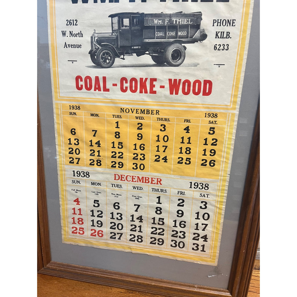 Vintage 1938 Wm. Thiel Coal Wood Advertising Calendar Sign Litho Milwaukee WI