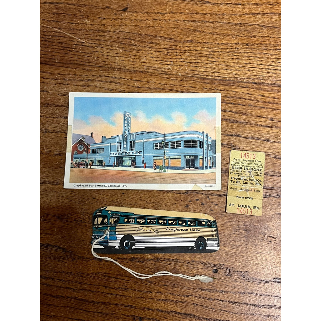 Vintage 1950s Greyhound Line Bus Luggage Tag Diecut + Postcard & Ticket