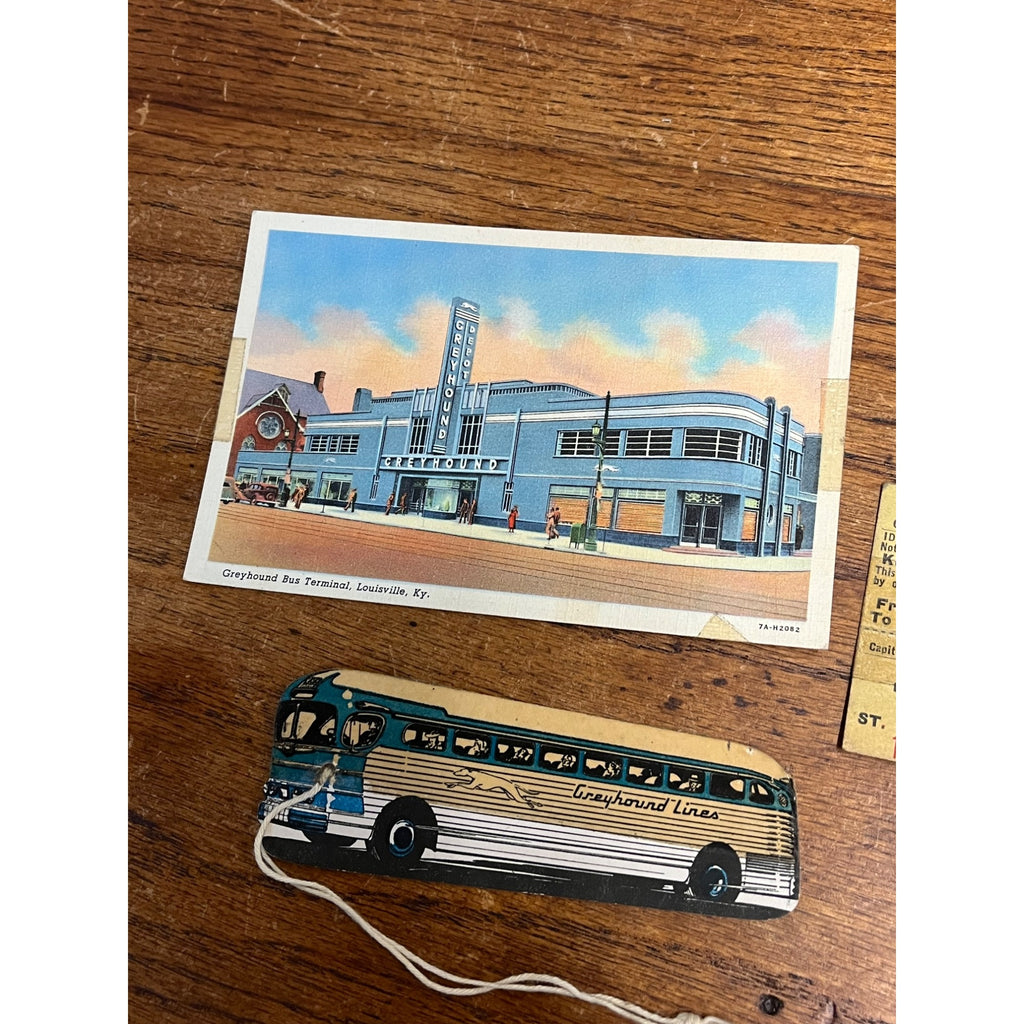 Vintage 1950s Greyhound Line Bus Luggage Tag Diecut + Postcard & Ticket