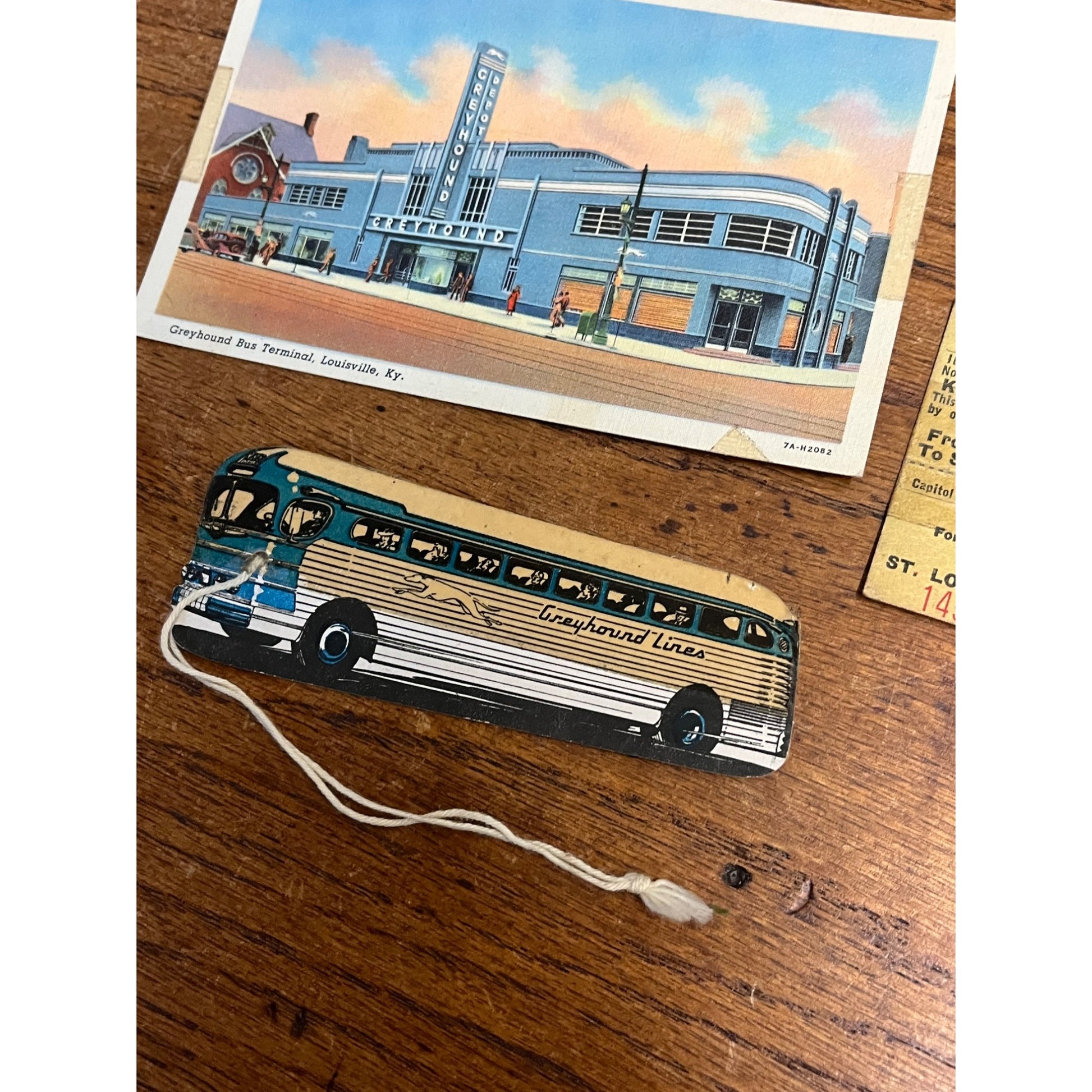 Vintage 1950s Greyhound Line Bus Luggage Tag Diecut + Postcard & Ticket