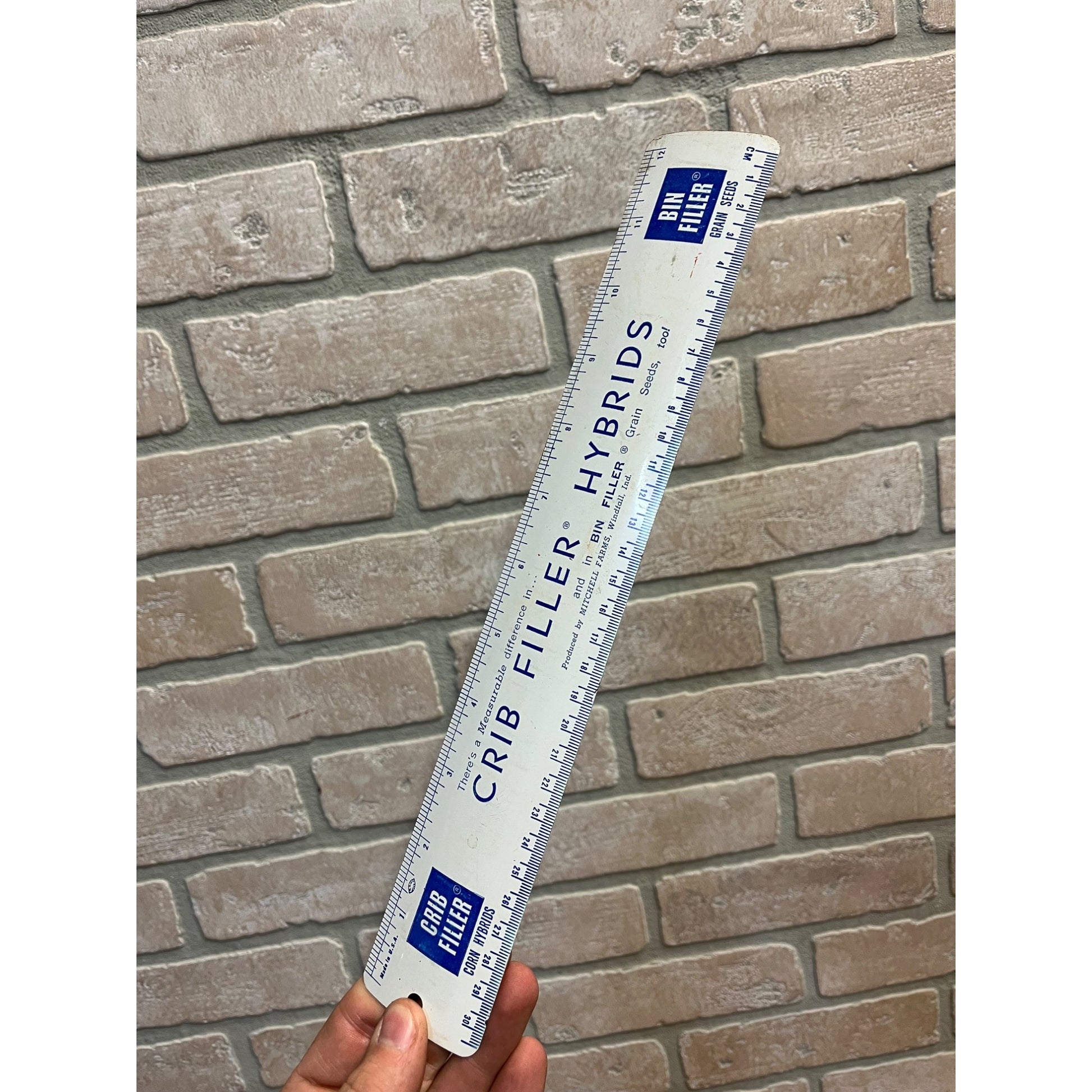 Vintage Mitchell Farms Crib Bin Filler Farm Advertising Tin Ruler 12" Windfall IN