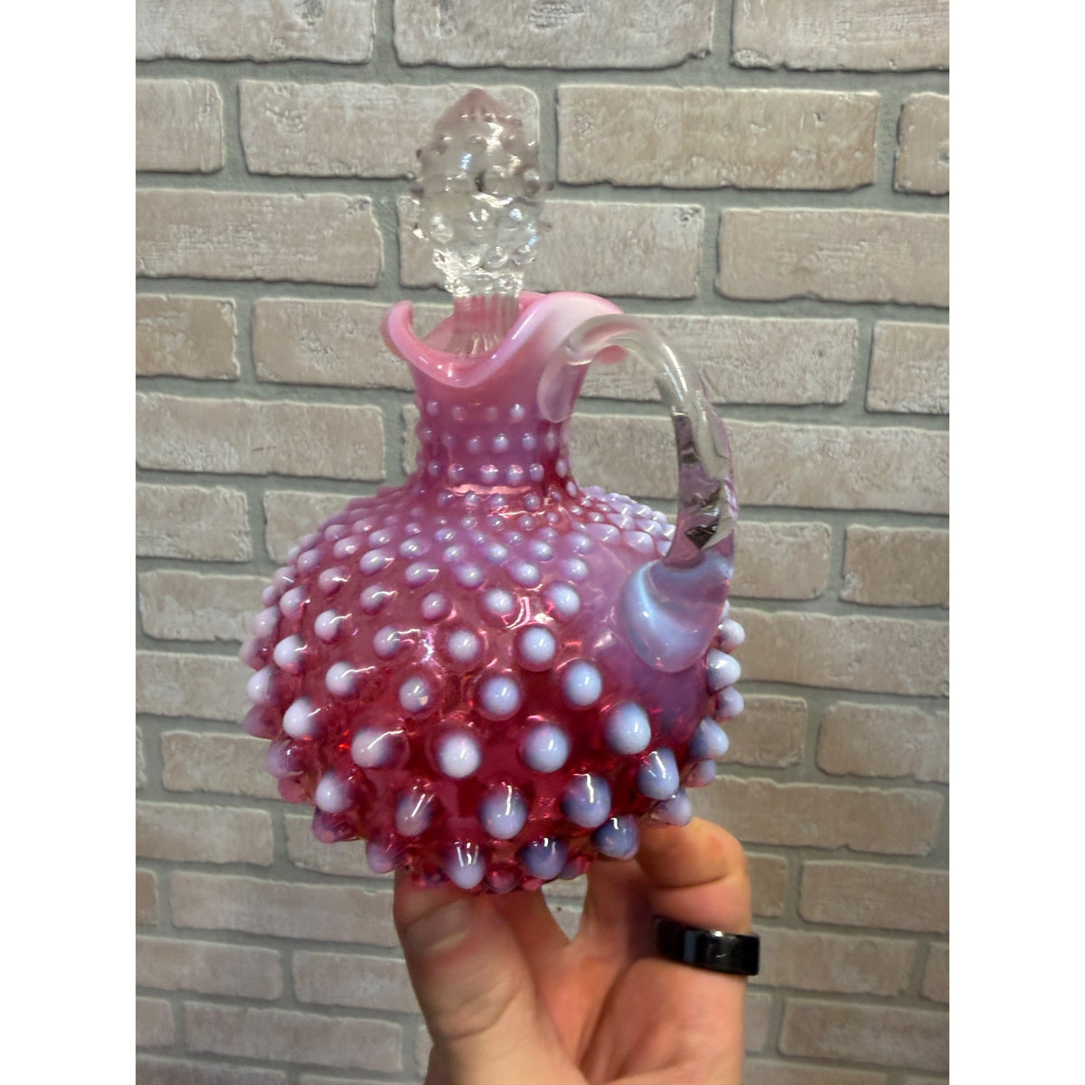 Vintage Fenton Cranberry Opalescent Hobnail Glass Cruet w/ Stopper