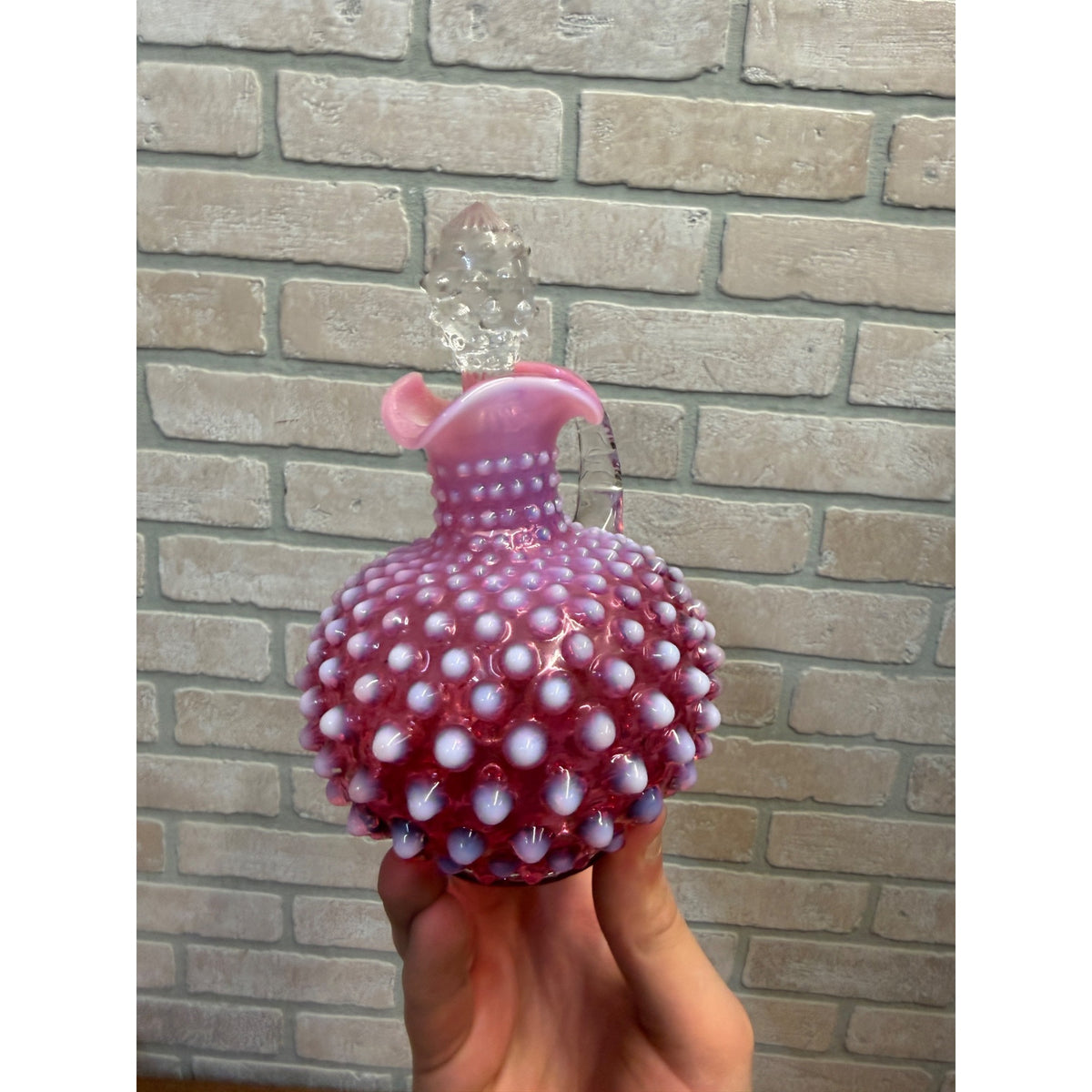 Vintage Fenton Cranberry Opalescent Hobnail Glass Cruet w/ Stopper