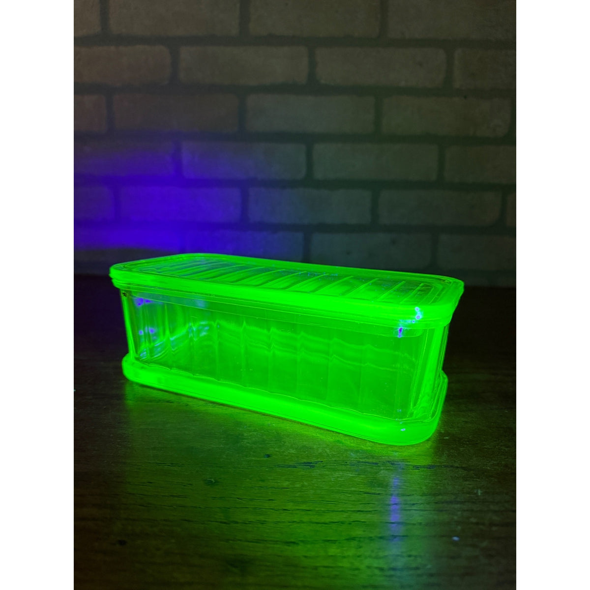 1930s Uranium Glass Kitchen Refrigerator Storage Box Glows W/ Lid Green Depression